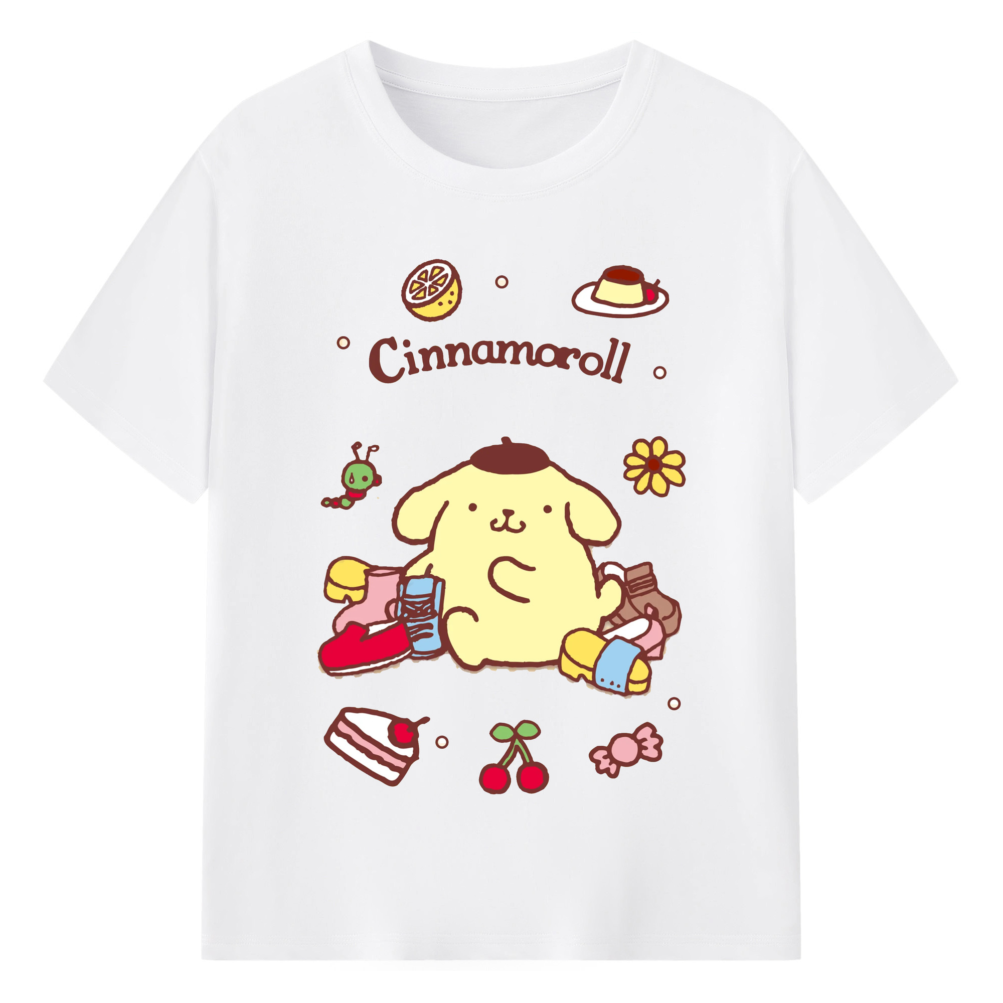 楽しいポムポムプリン - 綿100％ 半袖Tシャツ ・ フロントプリント ・ 快適 通気性 ・ 日常使い 散歩 スポーツ用