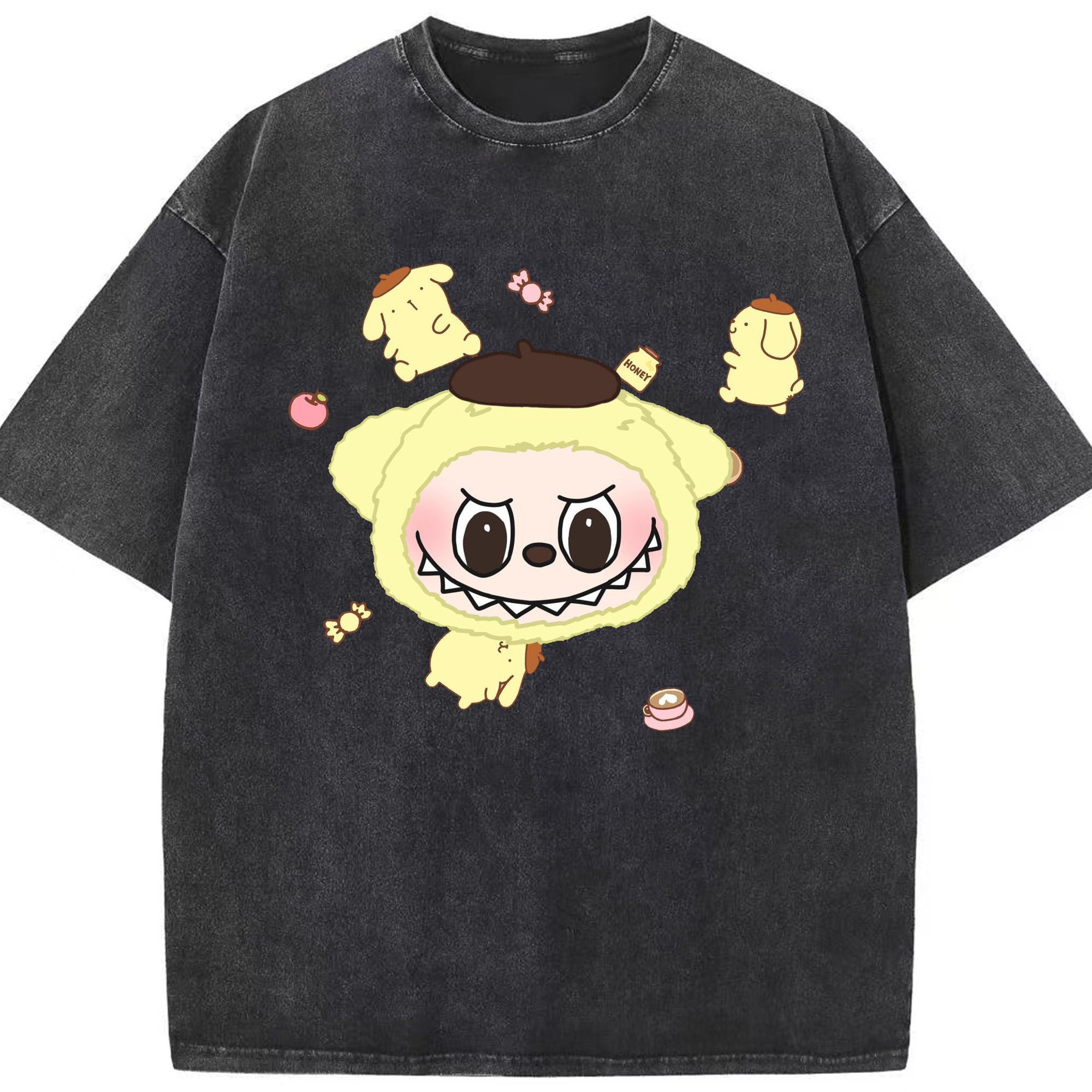 サンリオポムポムプリン&LABUBU ラブブ - 綿100％ ヴィンテージ風 半袖Tシャツ ・ フロントプリント ・ 柔らか肌触り ・ 通気性 快適 ・ スポーツ カジュアル 外出用