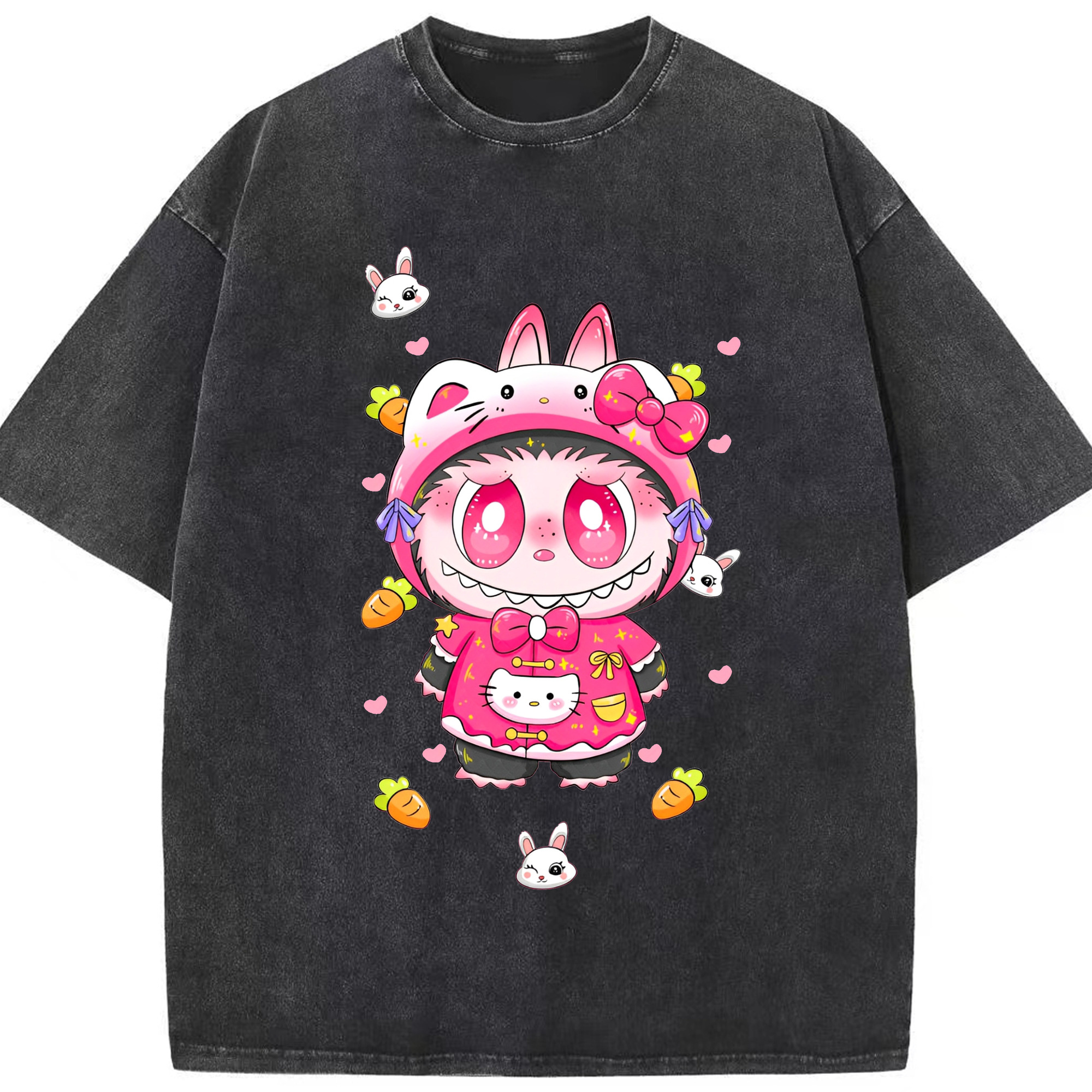 サンリオハローキティ&LABUBU ラブブ - 綿100％ ヴィンテージ風 半袖Tシャツ ・ フロントプリント ・ 柔らか肌触り ・ 通気性 快適 ・ スポーツ カジュアル 外出用