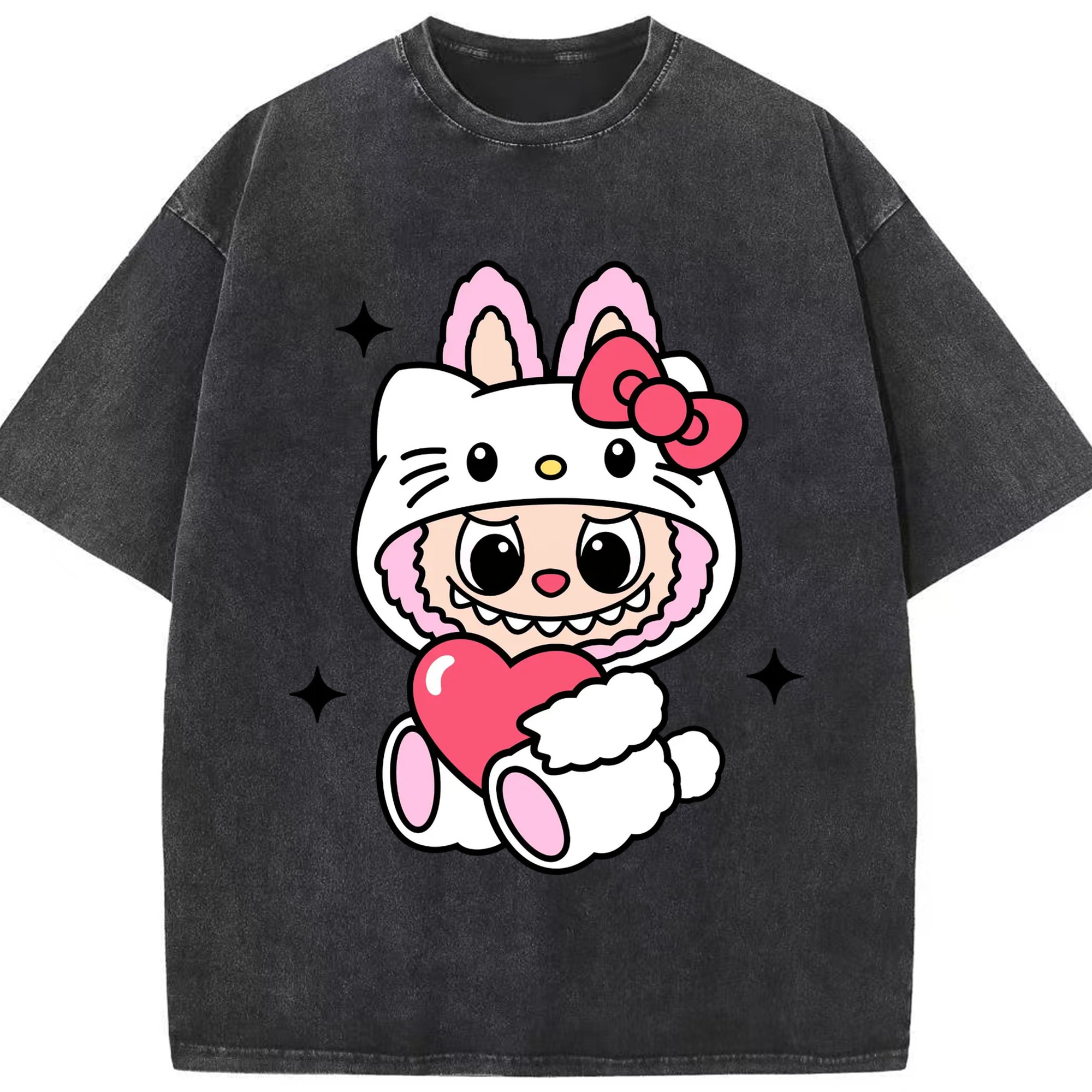 サンリオハローキティ&LABUBU ラブブ - 綿100％ ヴィンテージ風 半袖Tシャツ ・ フロントプリント ・ 柔らか肌触り ・ 通気性 快適 ・ スポーツ カジュアル 外出用