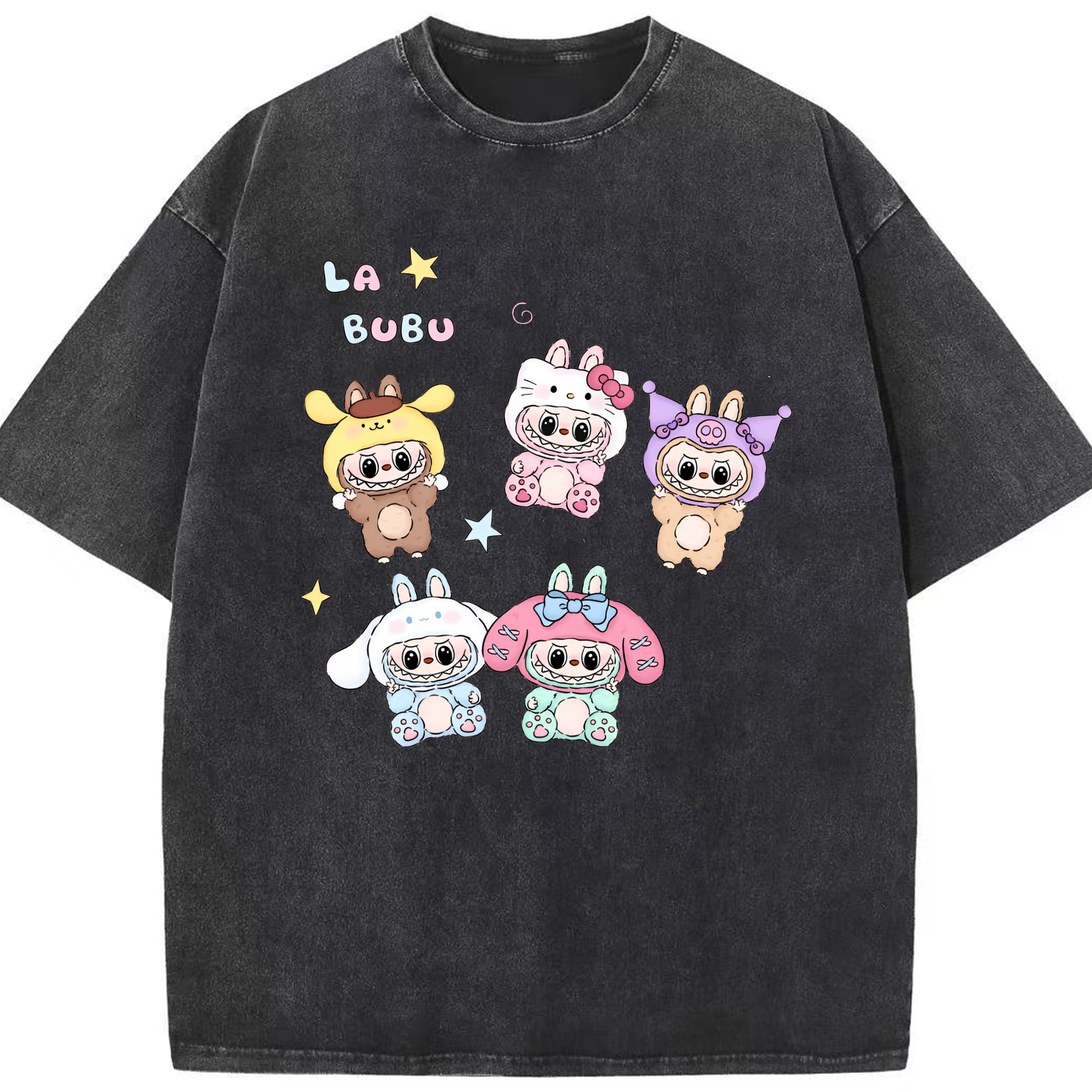 サンリオ&LABUBU ラブブ - 綿100％ ヴィンテージ風 半袖Tシャツ ・ フロントプリント ・ 柔らか肌触り ・ 通気性 快適 ・ スポーツ カジュアル 外出用
