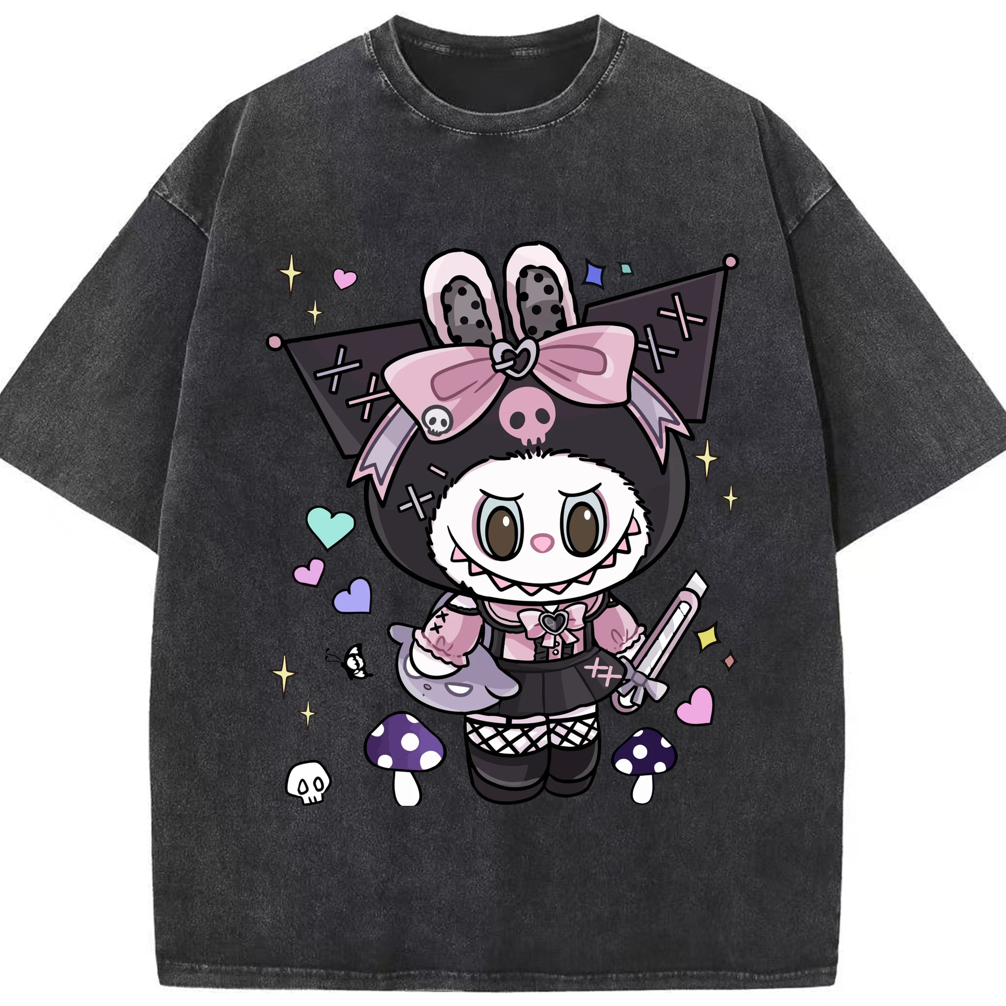 サンリオクロミ&LABUBU ラブブ - 綿100％ ヴィンテージ風 半袖Tシャツ ・ フロントプリント ・ 柔らか肌触り ・ 通気性 快適 ・ スポーツ カジュアル 外出用