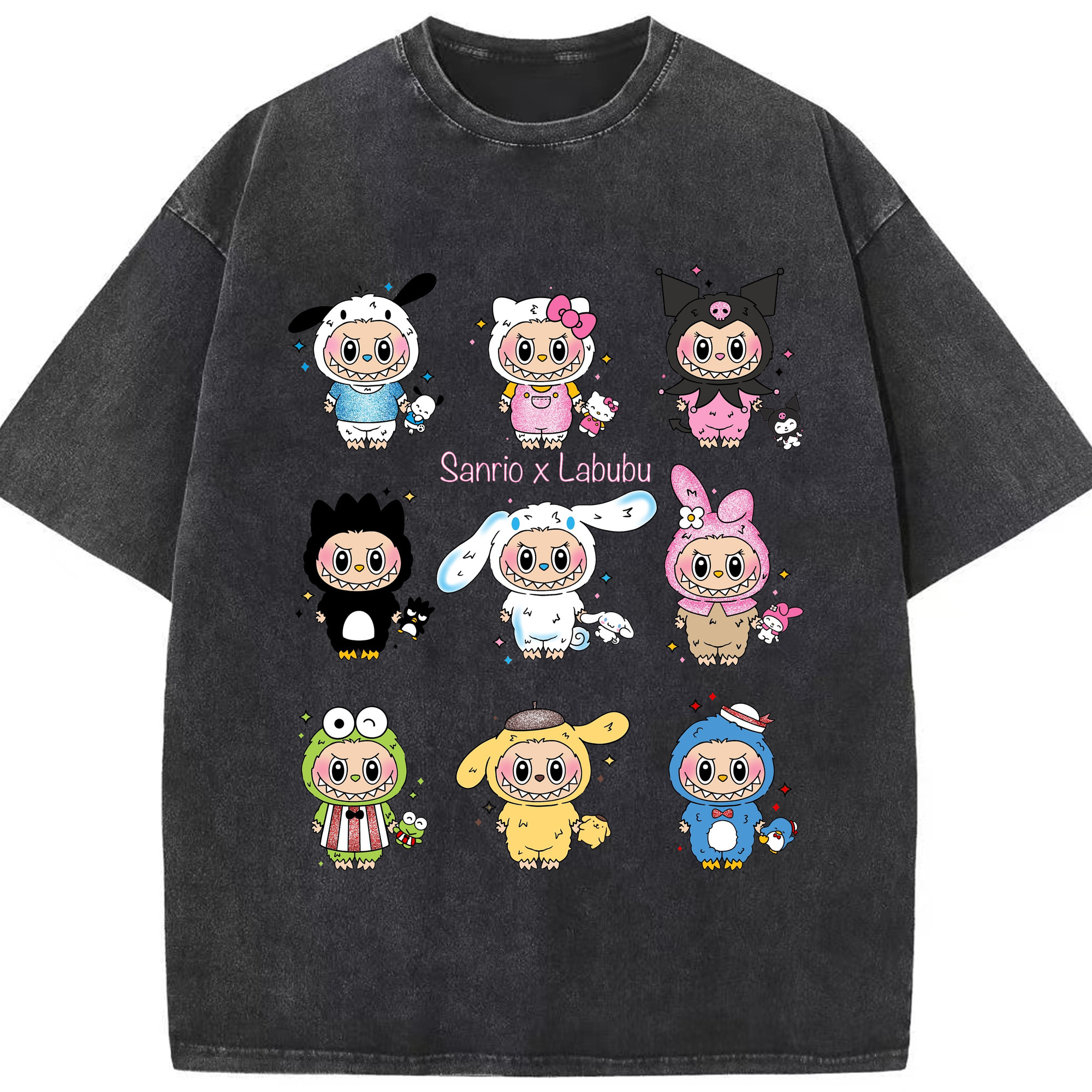 サンリオ&LABUBU ラブブ - 綿100％ ヴィンテージ風 半袖Tシャツ ・ フロントプリント ・ 柔らか肌触り ・ 通気性 快適 ・ スポーツ カジュアル 外出用