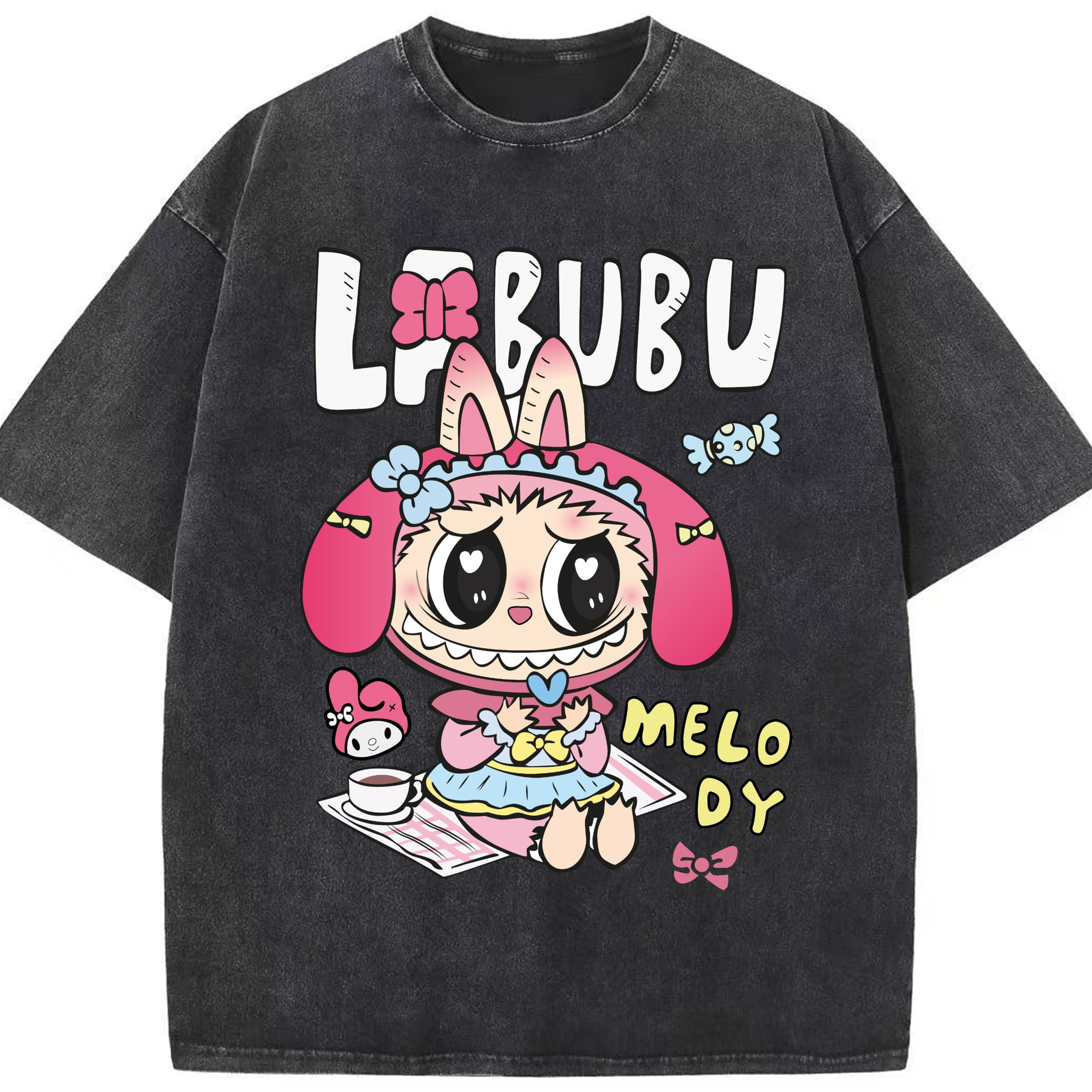 【限定】サンリオマイメロディ × ラブブ コラボ - 綿100％ ヴィンテージ風 半袖Tシャツ ・ フロントプリント ・ 柔らか肌触り ・ 通気性 快適 ・ スポーツ カジュアル 外出用