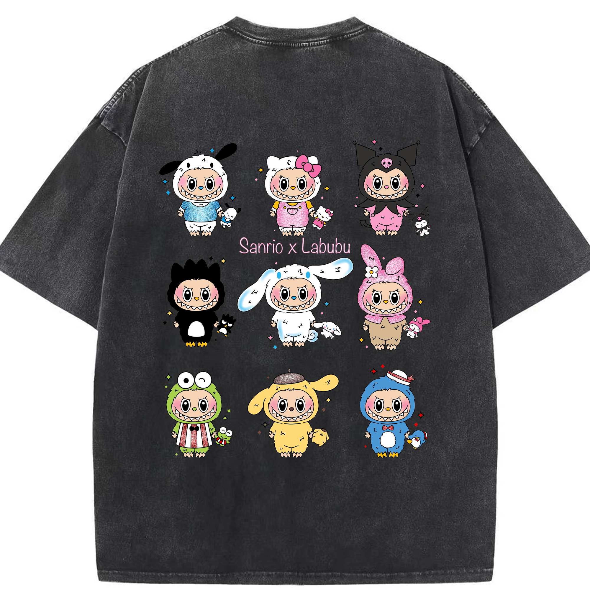 サンリオ&LABUBU ラブブ - 綿100％ ヴィンテージ風 半袖Tシャツ ・ 背面プリント ・ 柔らか肌触り ・ 通気性 快適 ・ スポーツ カジュアル 外出用