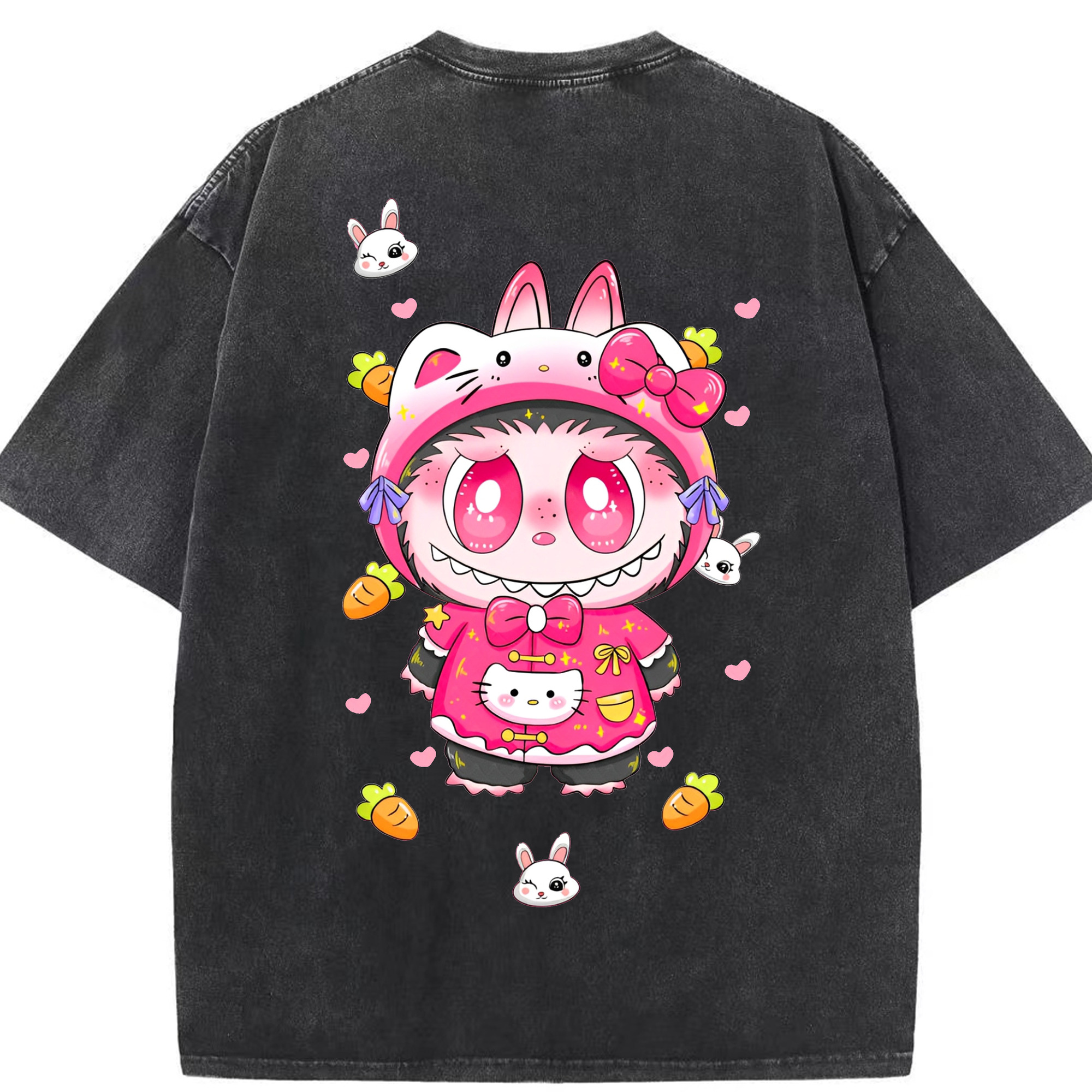 サンリオハローキティ&LABUBU ラブブ - 綿100％ ヴィンテージ風 半袖Tシャツ ・ 背面プリント ・ 柔らか肌触り ・ 通気性 快適 ・ スポーツ カジュアル 外出用