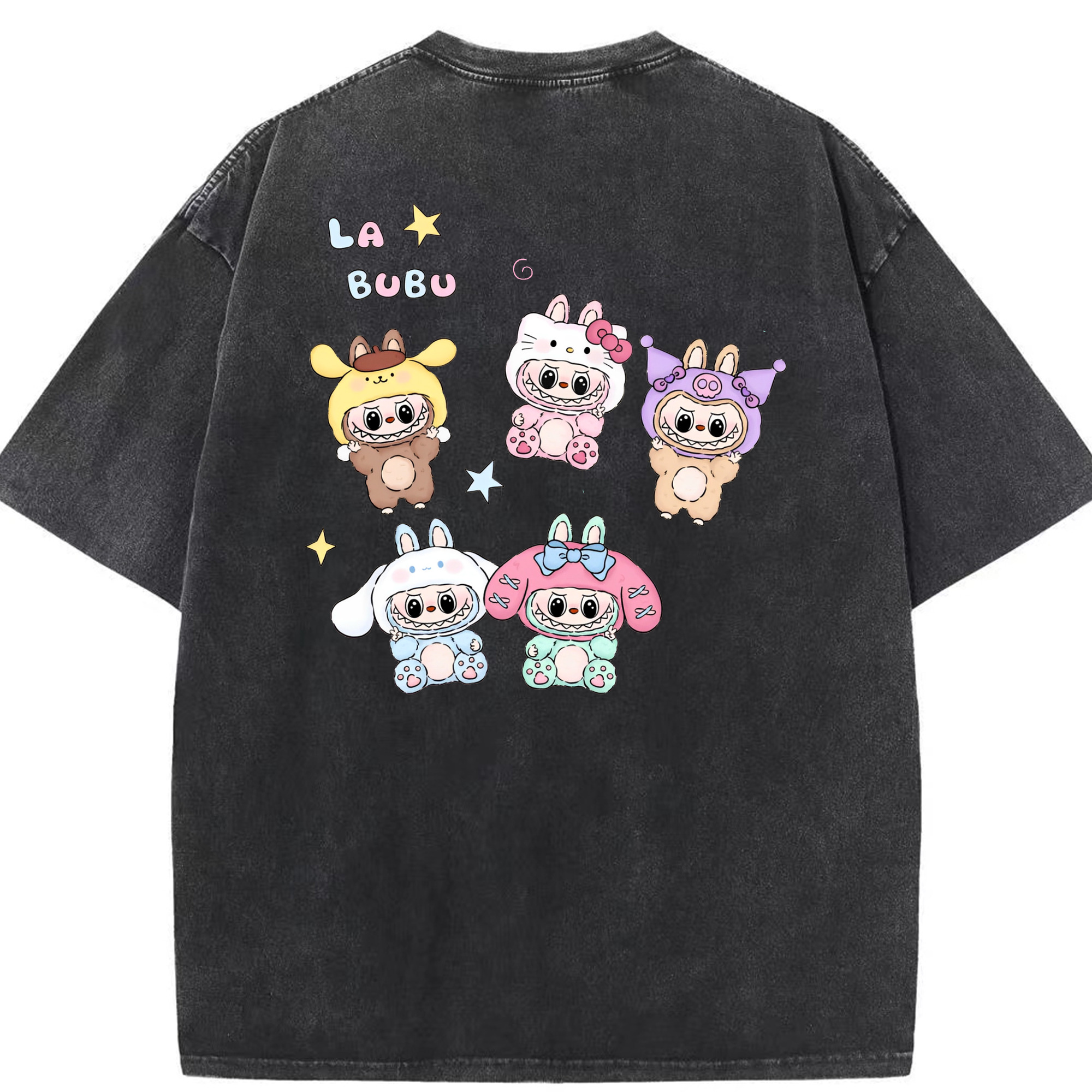 サンリオ&LABUBU ラブブ - 綿100％ ヴィンテージ風 半袖Tシャツ ・ 背面プリント ・ 柔らか肌触り ・ 通気性 快適 ・ スポーツ カジュアル 外出用