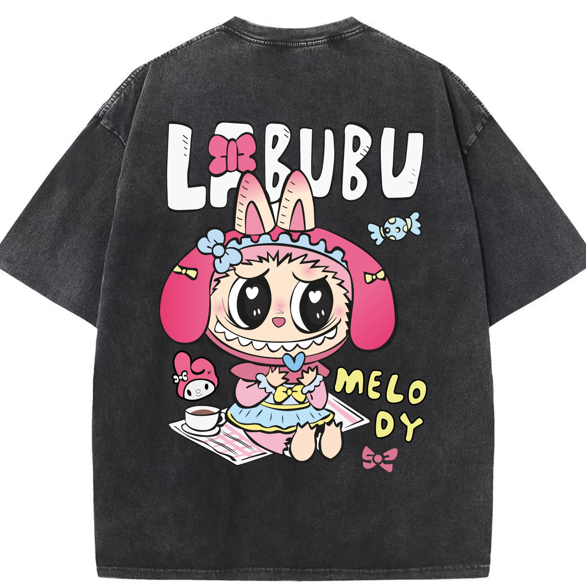 【限定】サンリオマイメロディ × ラブブ コラボ - 綿100％ ヴィンテージ風 半袖Tシャツ ・ 背面プリント ・ 柔らか肌触り ・ 通気性 快適 ・ スポーツ カジュアル 外出用