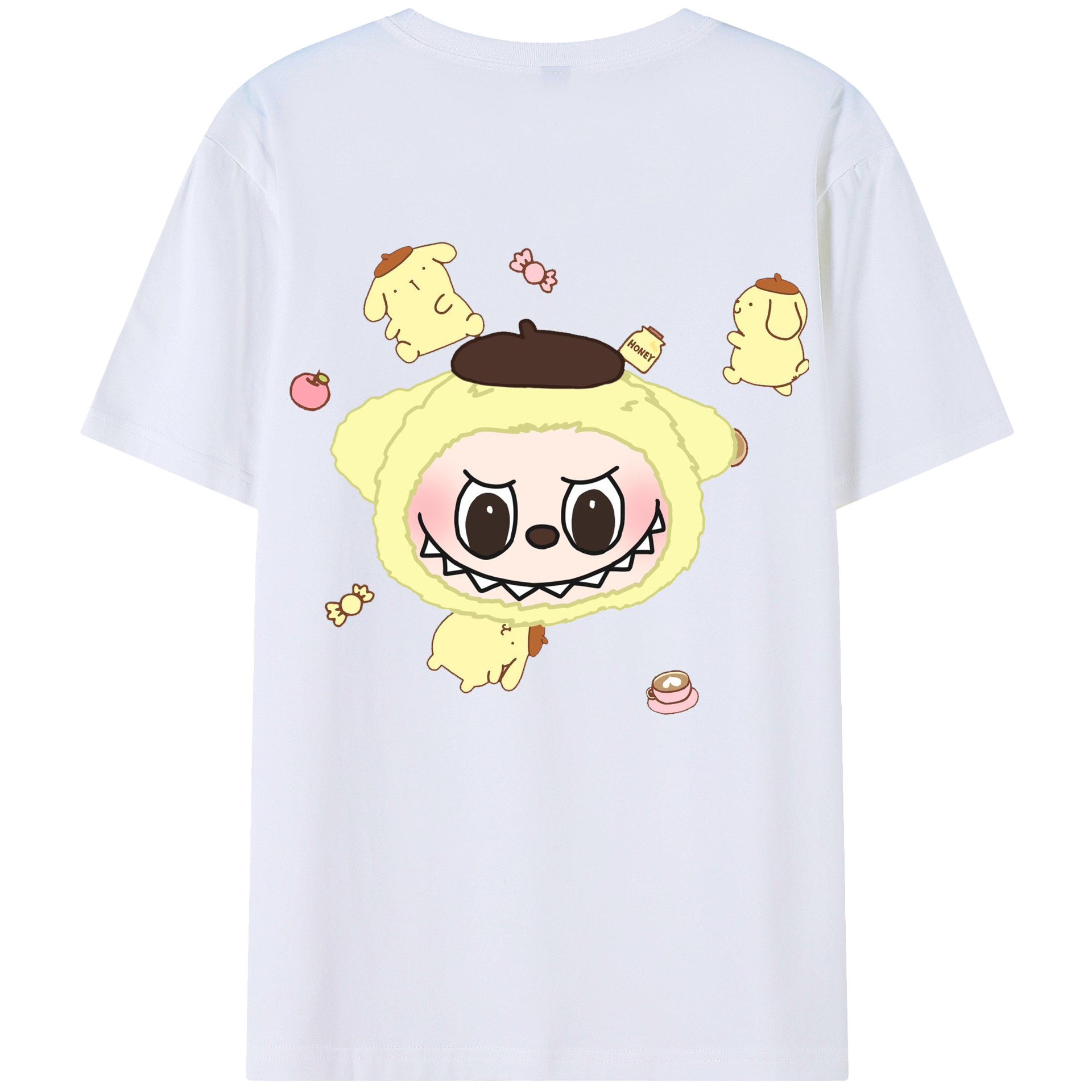 サンリオポムポムプリン&LABUBU ラブブ - レディース半袖Tシャツ ・ 綿100％ ・ バックプリント ・ 強化クルーネック ・ 二重折り袖口 ・ 快適 通気性 ・ フィットネス カジュアル 旅行用