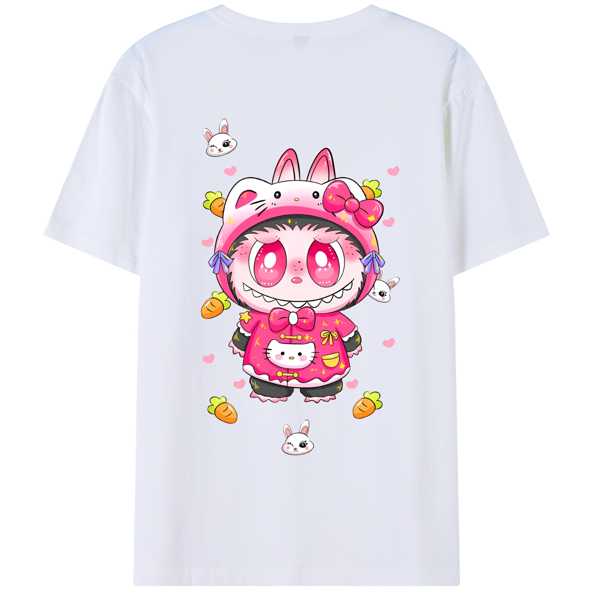 サンリオハローキティ&LABUBU ラブブ - レディース半袖Tシャツ ・ 綿100％ ・ バックプリント ・ 強化クルーネック ・ 二重折り袖口 ・ 快適 通気性 ・ フィットネス カジュアル 旅行用