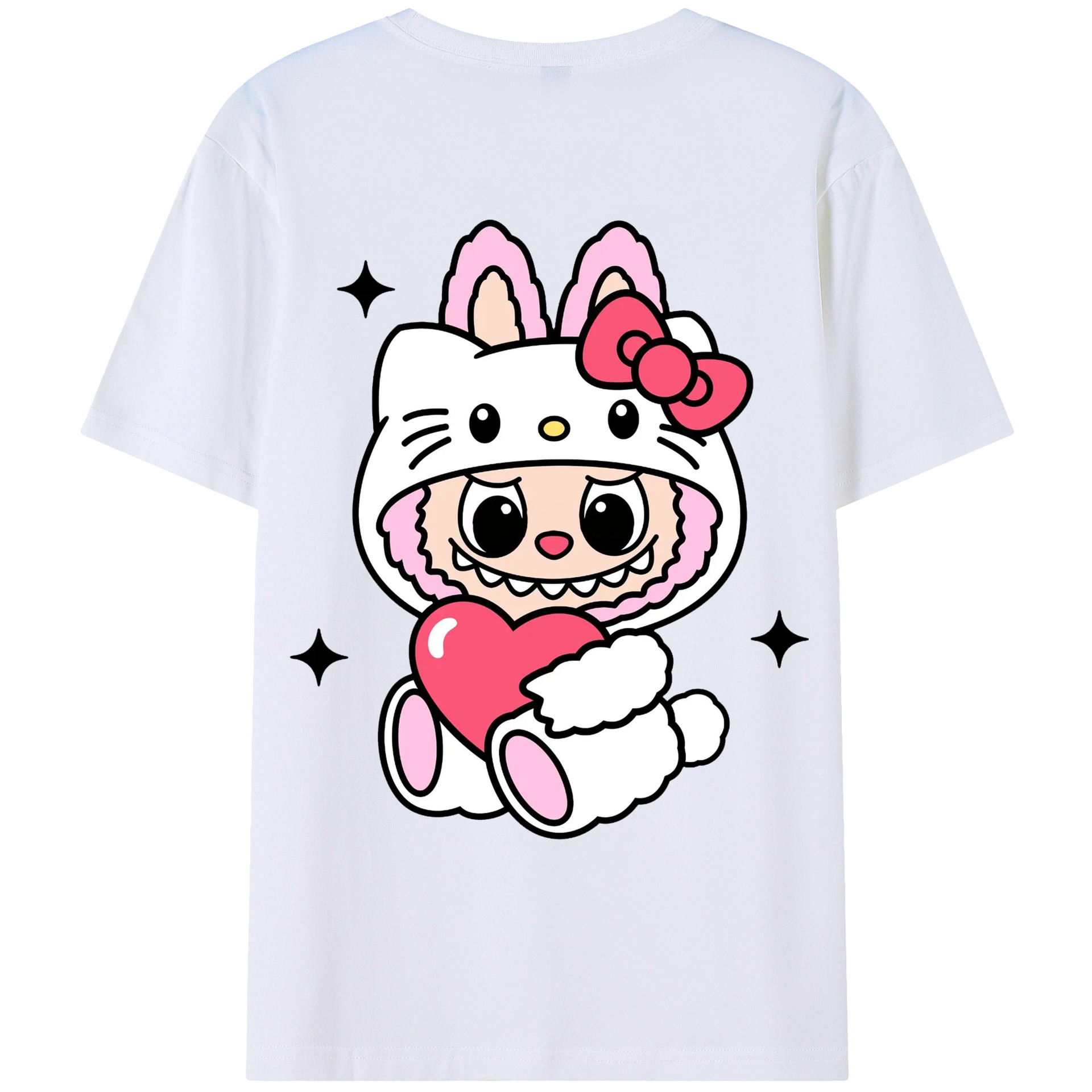 サンリオハローキティ&LABUBU ラブブ - レディース半袖Tシャツ ・ 綿100％ ・ バックプリント ・ 強化クルーネック ・ 二重折り袖口 ・ 快適 通気性 ・ フィットネス カジュアル 旅行用