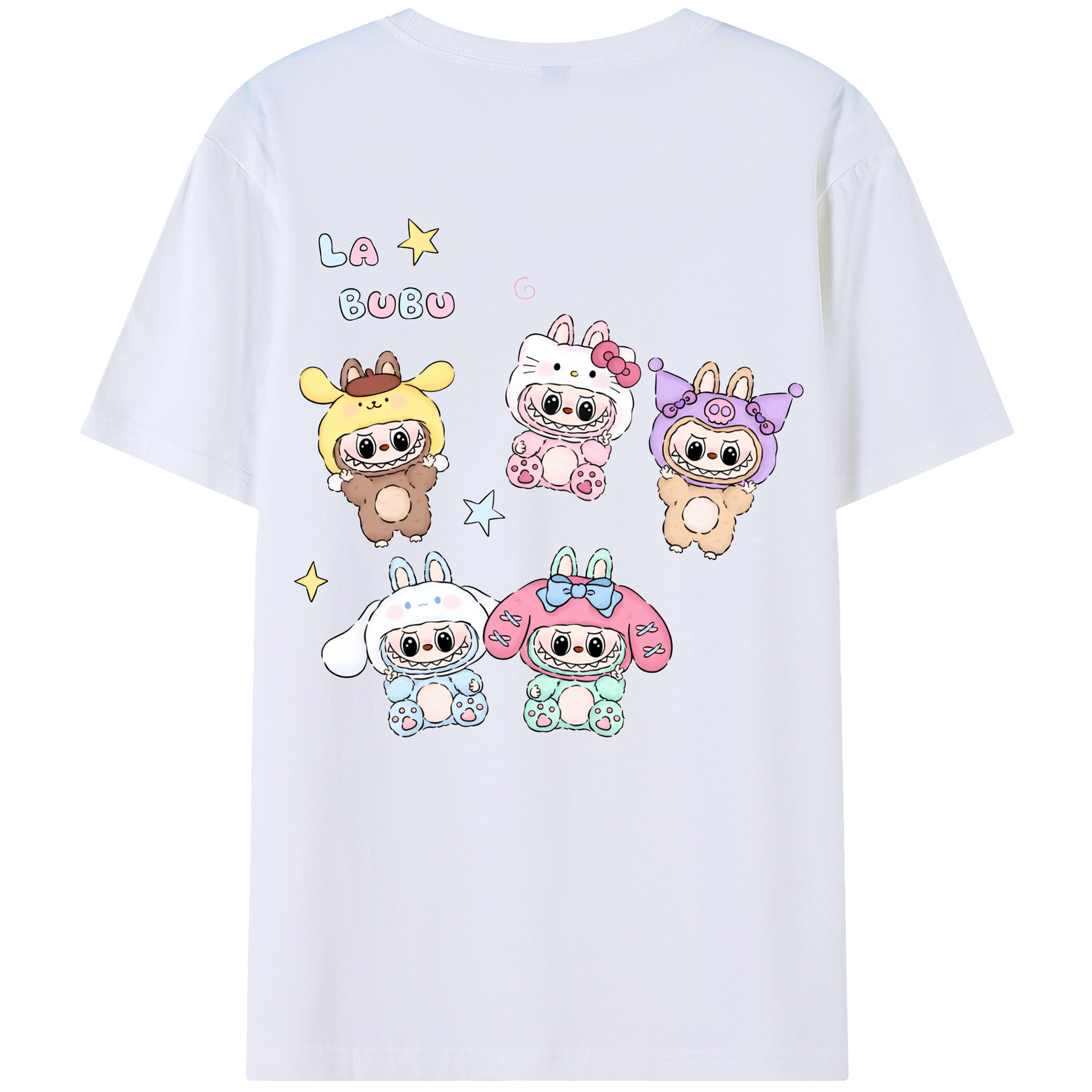 サンリオ&LABUBU ラブブ - レディース半袖Tシャツ ・ 綿100％ ・ バックプリント ・ 強化クルーネック ・ 二重折り袖口 ・ 快適 通気性 ・ フィットネス カジュアル 旅行用