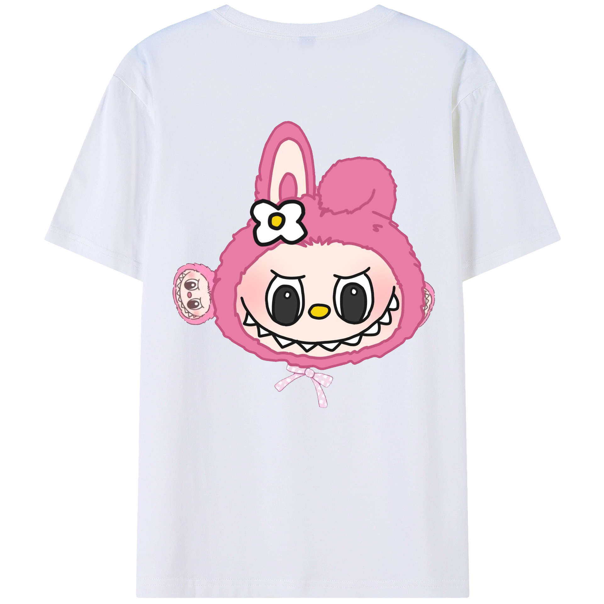 サンリオマイメロディ&LABUBU ラブブ - レディース半袖Tシャツ ・ 綿100％ ・ バックプリント ・ 強化クルーネック ・ 二重折り袖口 ・ 快適 通気性 ・ フィットネス カジュアル 旅行用