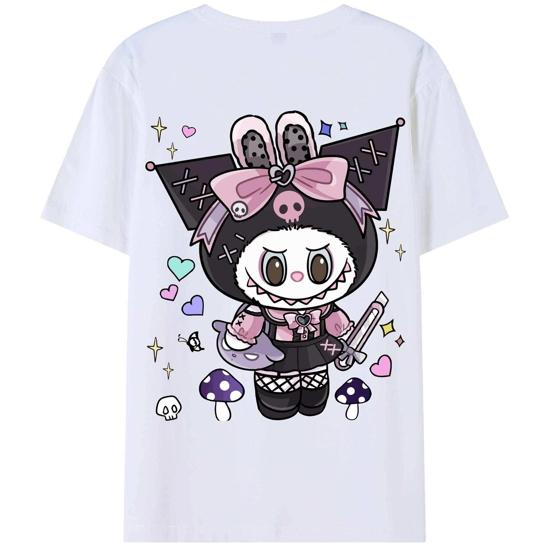 サンリオクロミ&LABUBU ラブブ - レディース半袖Tシャツ ・ 綿100％ ・ バックプリント ・ 強化クルーネック ・ 二重折り袖口 ・ 快適 通気性 ・ フィットネス カジュアル 旅行用