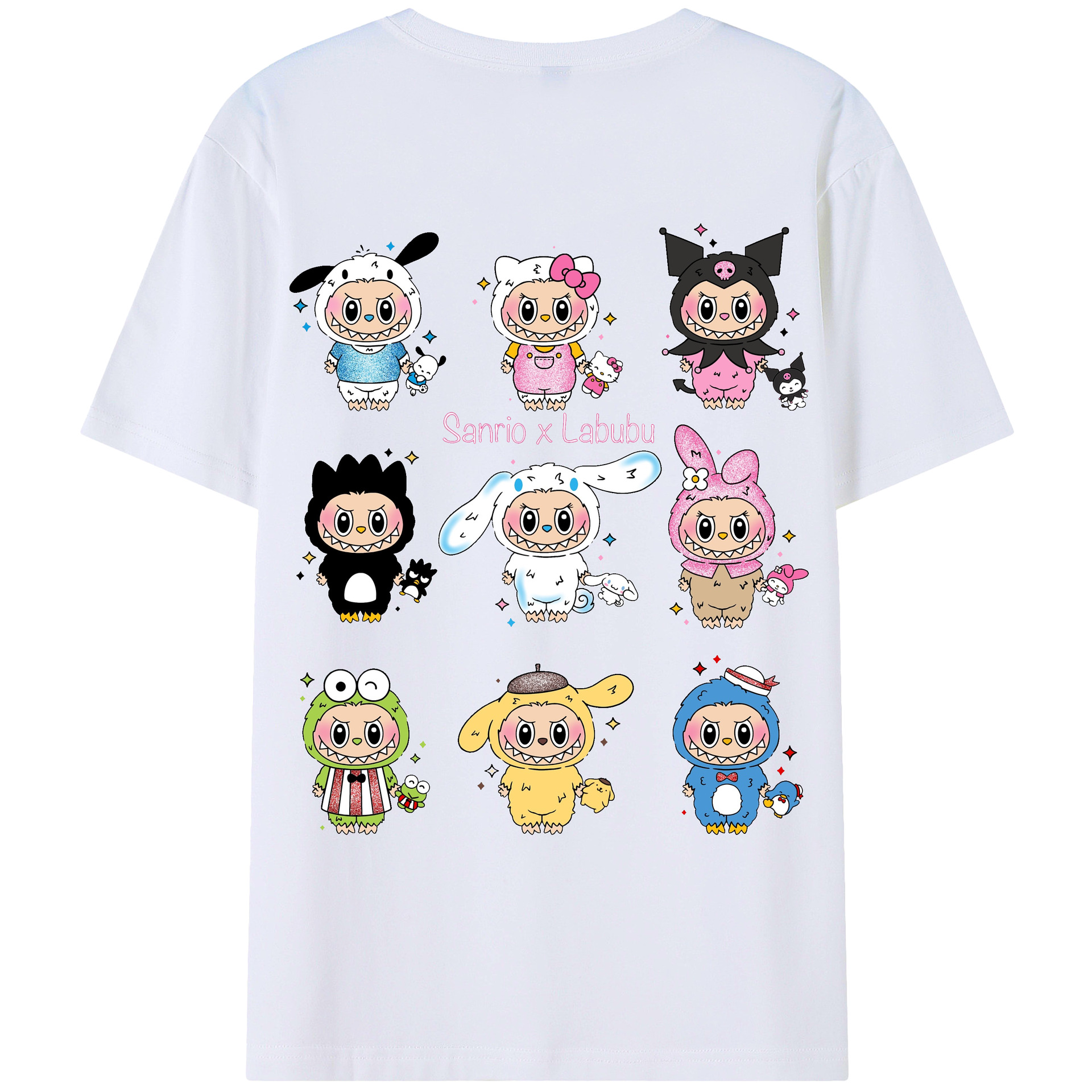 サンリオ&LABUBU ラブブ - レディース半袖Tシャツ ・ 綿100％ ・ バックプリント ・ 強化クルーネック ・ 二重折り袖口 ・ 快適 通気性 ・ フィットネス カジュアル 旅行用