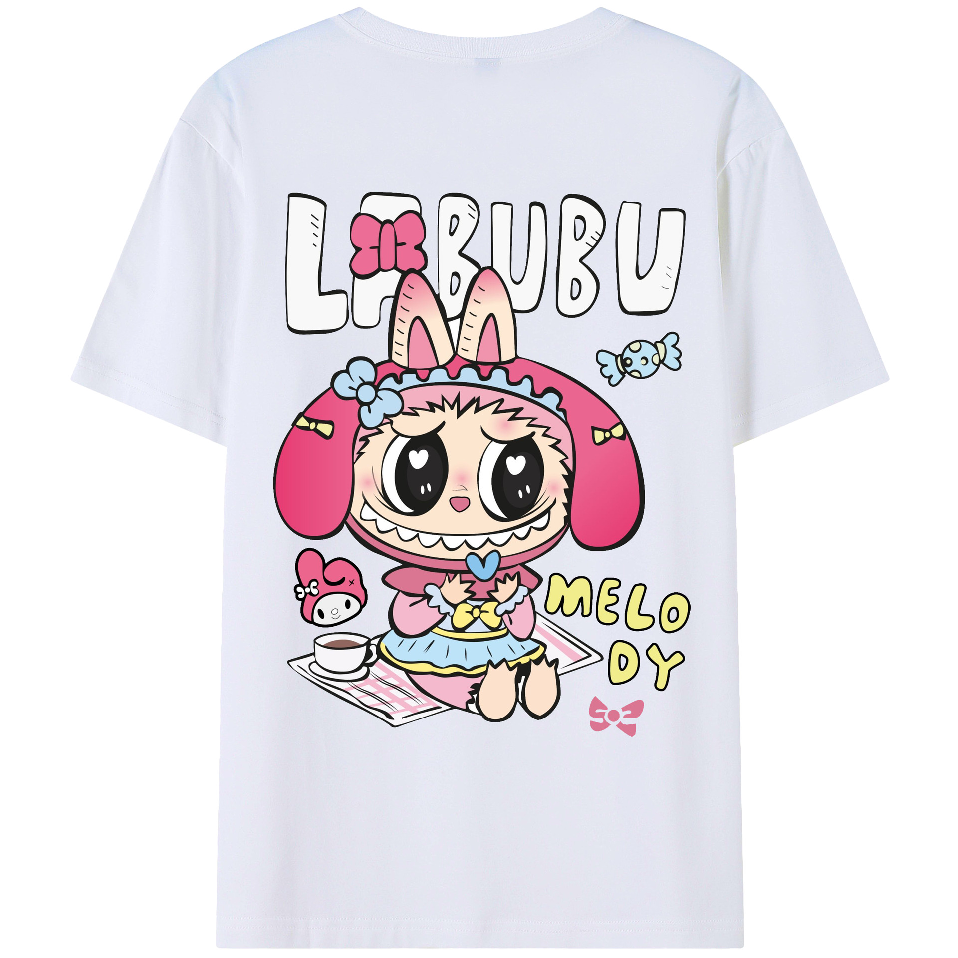 【限定】サンリオマイメロディ × ラブブ コラボ - レディース半袖Tシャツ ・ 綿100％ ・ バックプリント ・ 強化クルーネック ・ 二重折り袖口 ・ 快適 通気性 ・ フィットネス カジュアル 旅行用