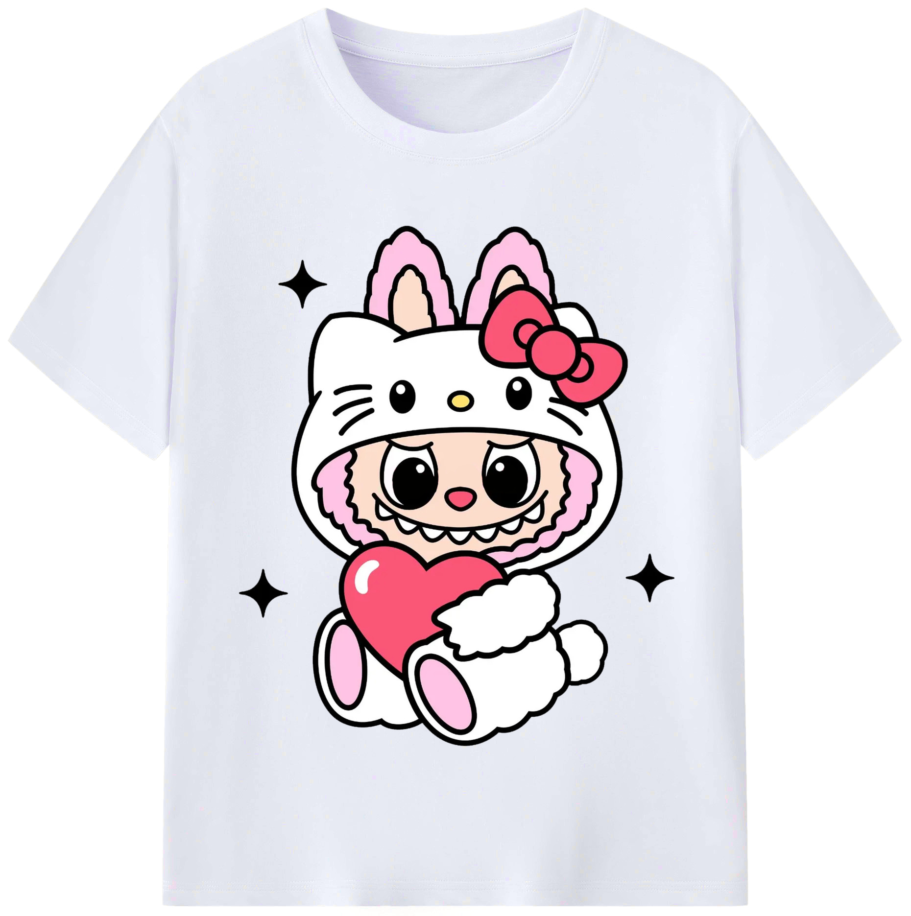 サンリオハローキティ&LABUBU ラブブ - レディースカジュアルプリントTシャツ ・ 綿100％ ・ クルーネック ・ フロントプリント ・ 柔らかく快適 ・ フィットネス カジュアル 旅行用