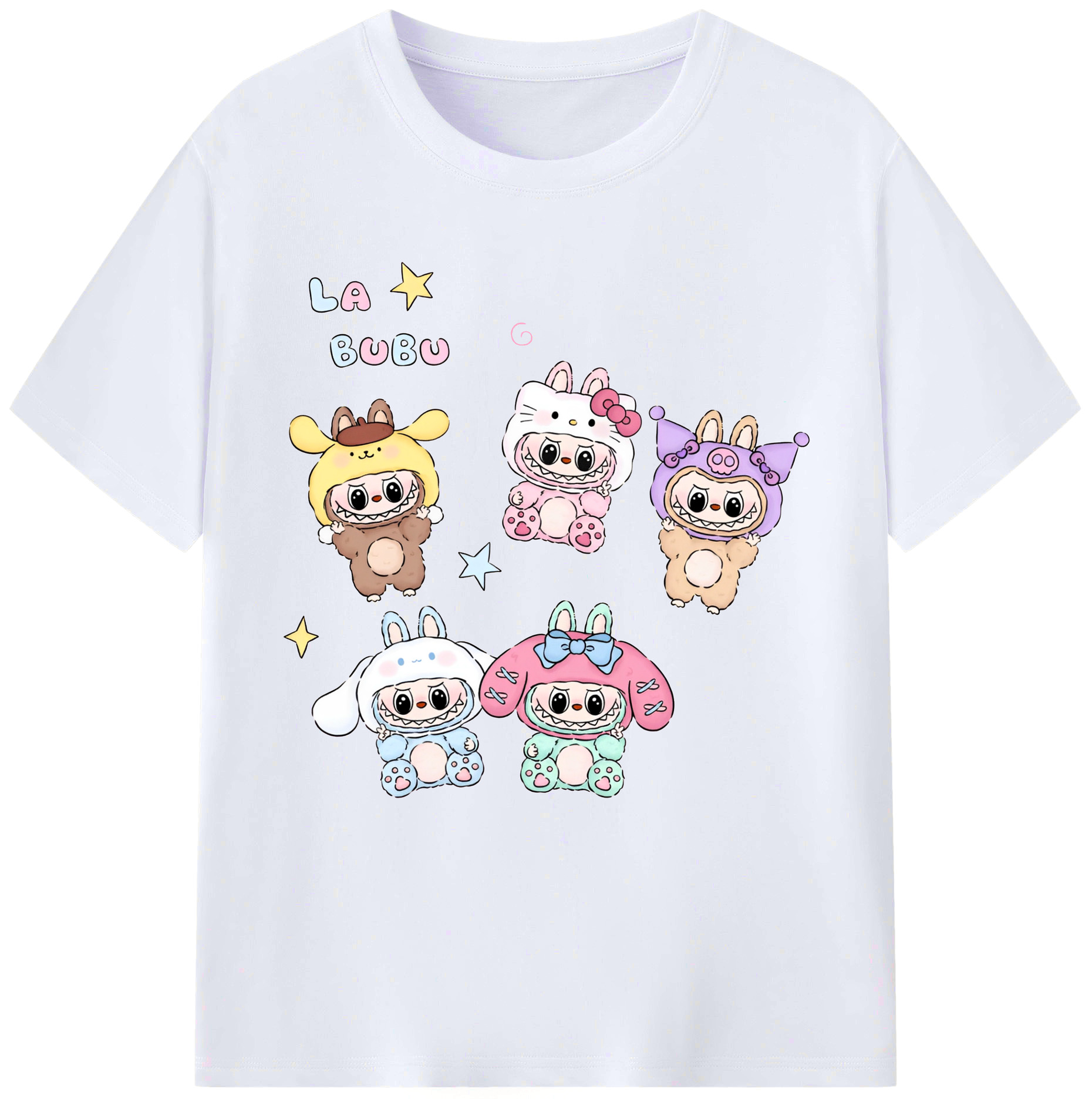 サンリオ&LABUBU ラブブ - レディースカジュアルプリントTシャツ ・ 綿100％ ・ クルーネック ・ フロントプリント ・ 柔らかく快適 ・ フィットネス カジュアル 旅行用