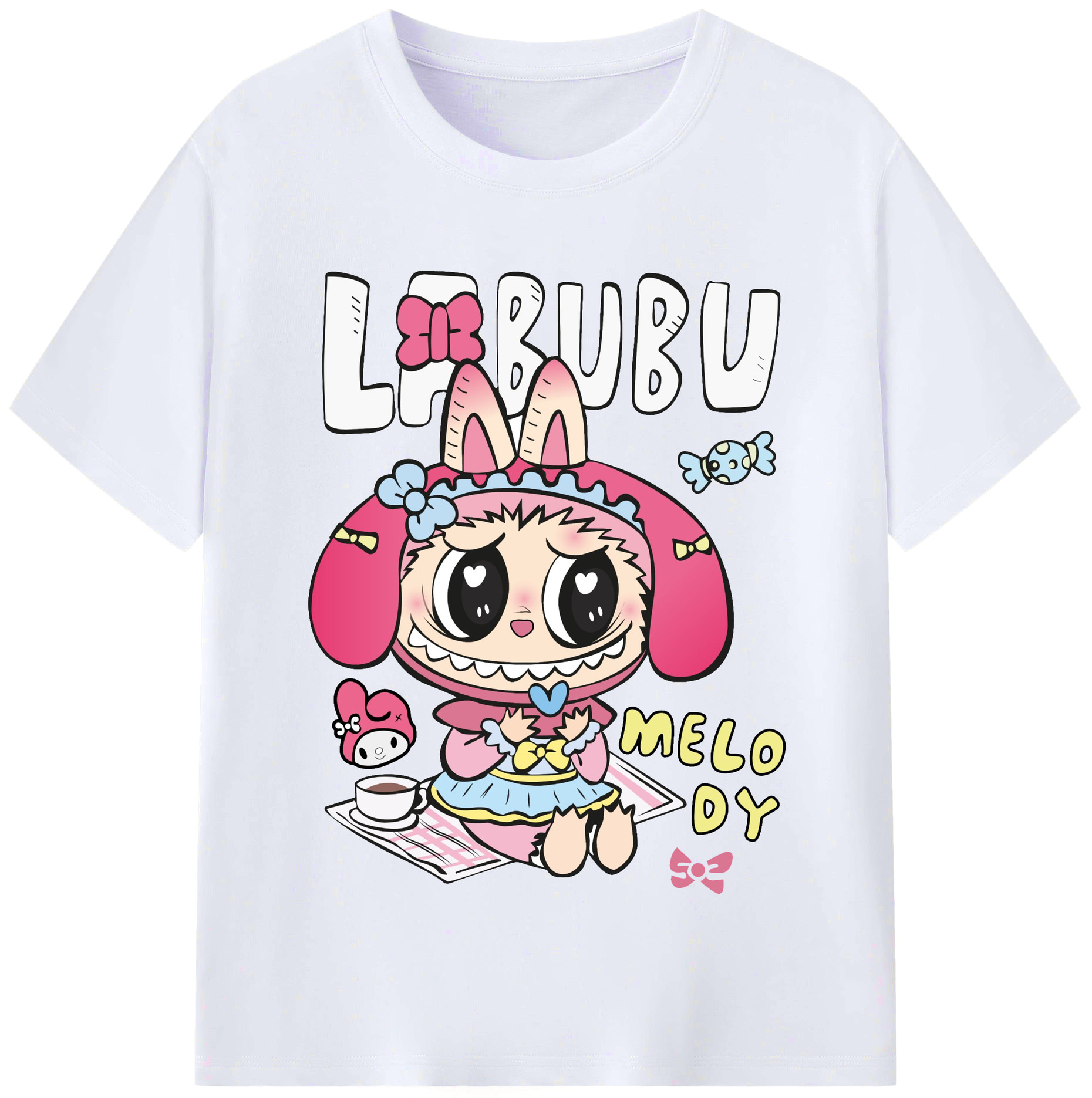 【限定】サンリオマイメロディ × ラブブ コラボ - レディースカジュアルプリントTシャツ ・ 綿100％ ・ クルーネック ・ フロントプリント ・ 柔らかく快適 ・ フィットネス カジュアル 旅行用