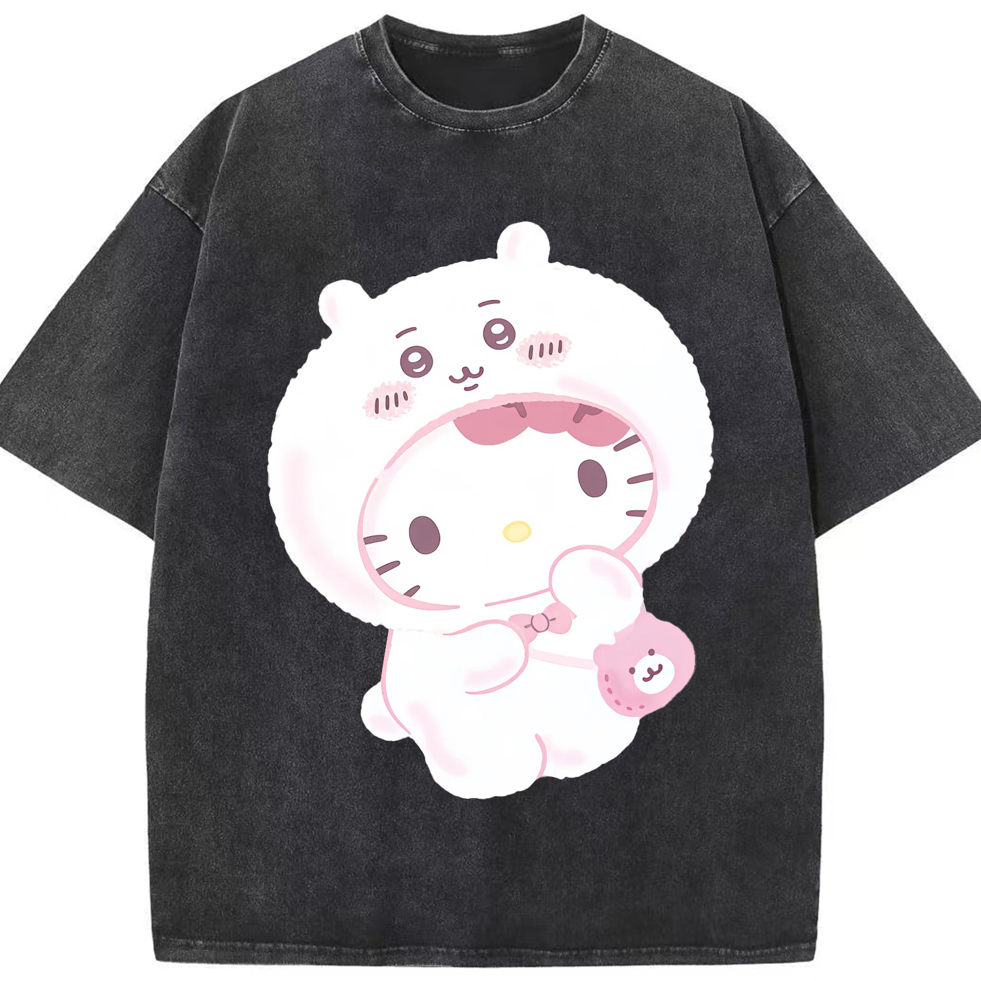 ハローキティ&ちいかわ - 綿100％ ヴィンテージ風 半袖Tシャツ ・ フロントプリント ・ 柔らか肌触り ・ 通気性 快適 ・ スポーツ カジュアル 外出用