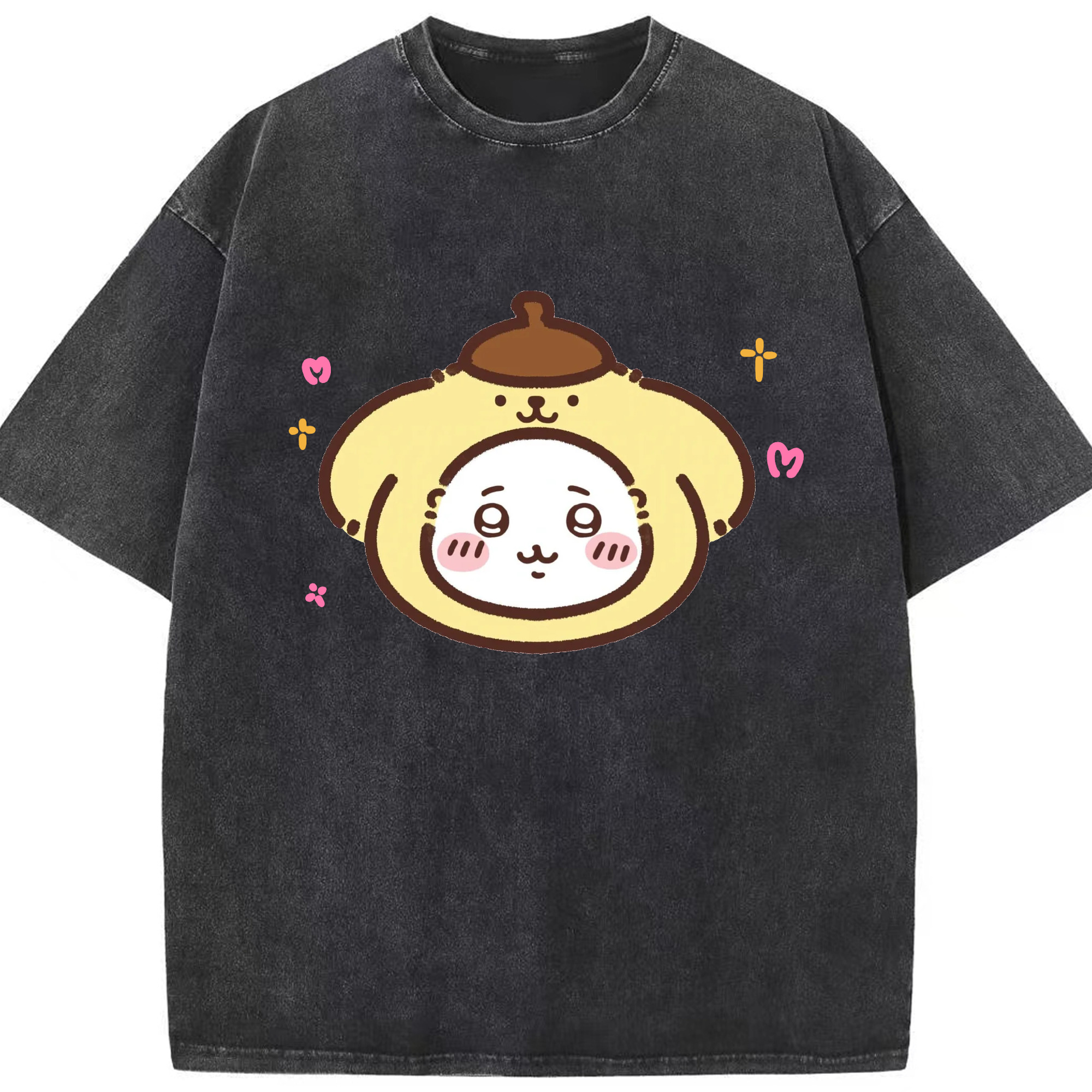 ポムポムプリン&ちいかわ - 綿100％ ヴィンテージ風 半袖Tシャツ ・ フロントプリント ・ 柔らか肌触り ・ 通気性 快適 ・ スポーツ カジュアル 外出用