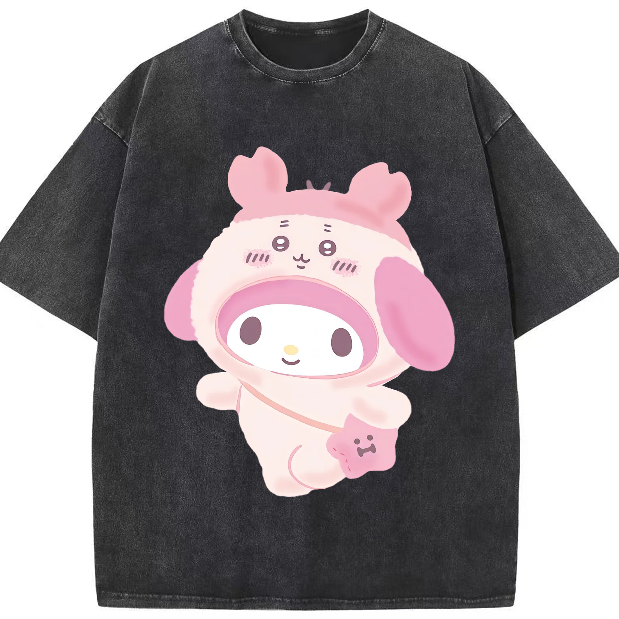 マイメロディ&ちいかわ - 綿100％ ヴィンテージ風 半袖Tシャツ ・ フロントプリント ・ 柔らか肌触り ・ 通気性 快適 ・ スポーツ カジュアル 外出用