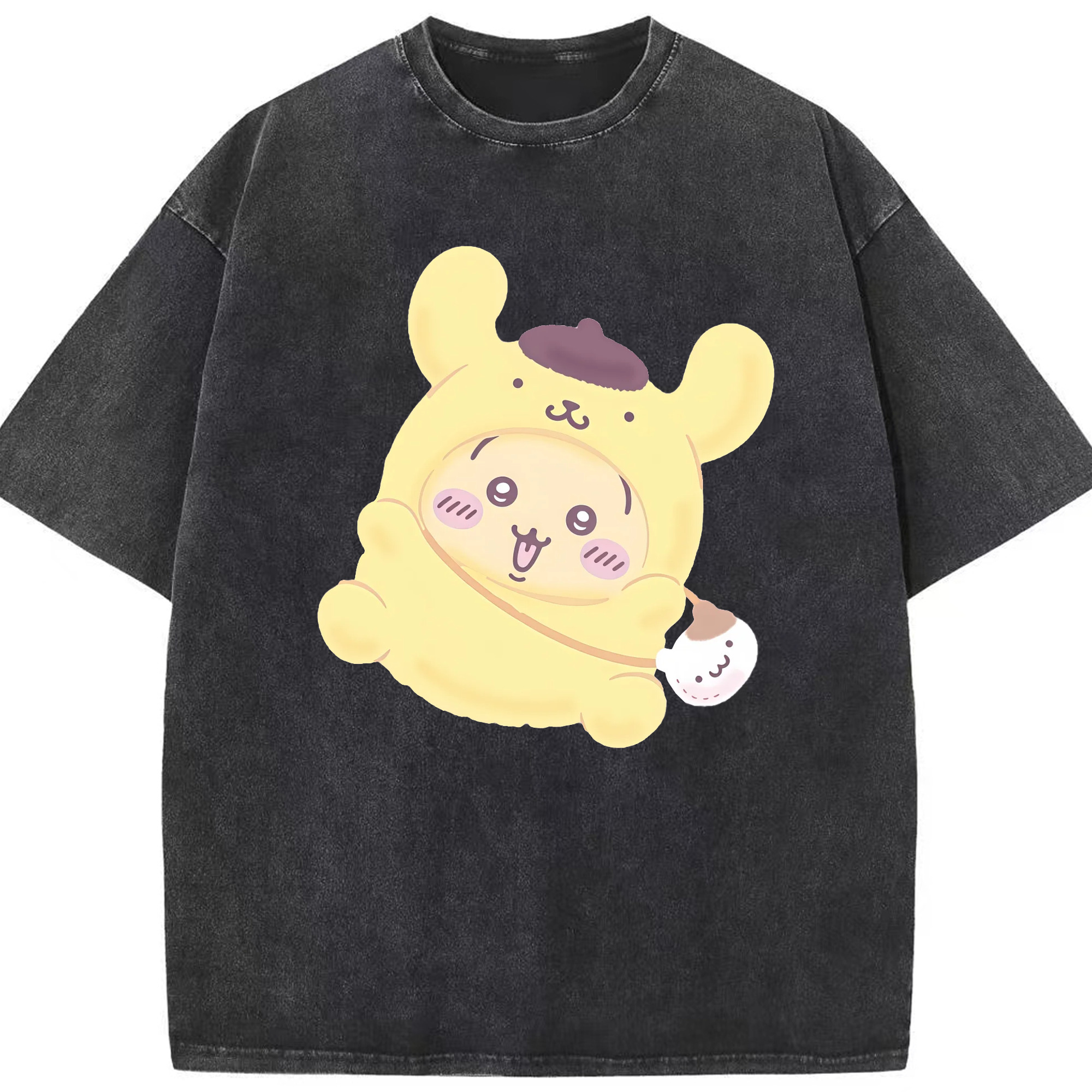 ポムポムプリン&ちいかわ - 綿100％ ヴィンテージ風 半袖Tシャツ ・ フロントプリント ・ 柔らか肌触り ・ 通気性 快適 ・ スポーツ カジュアル 外出用