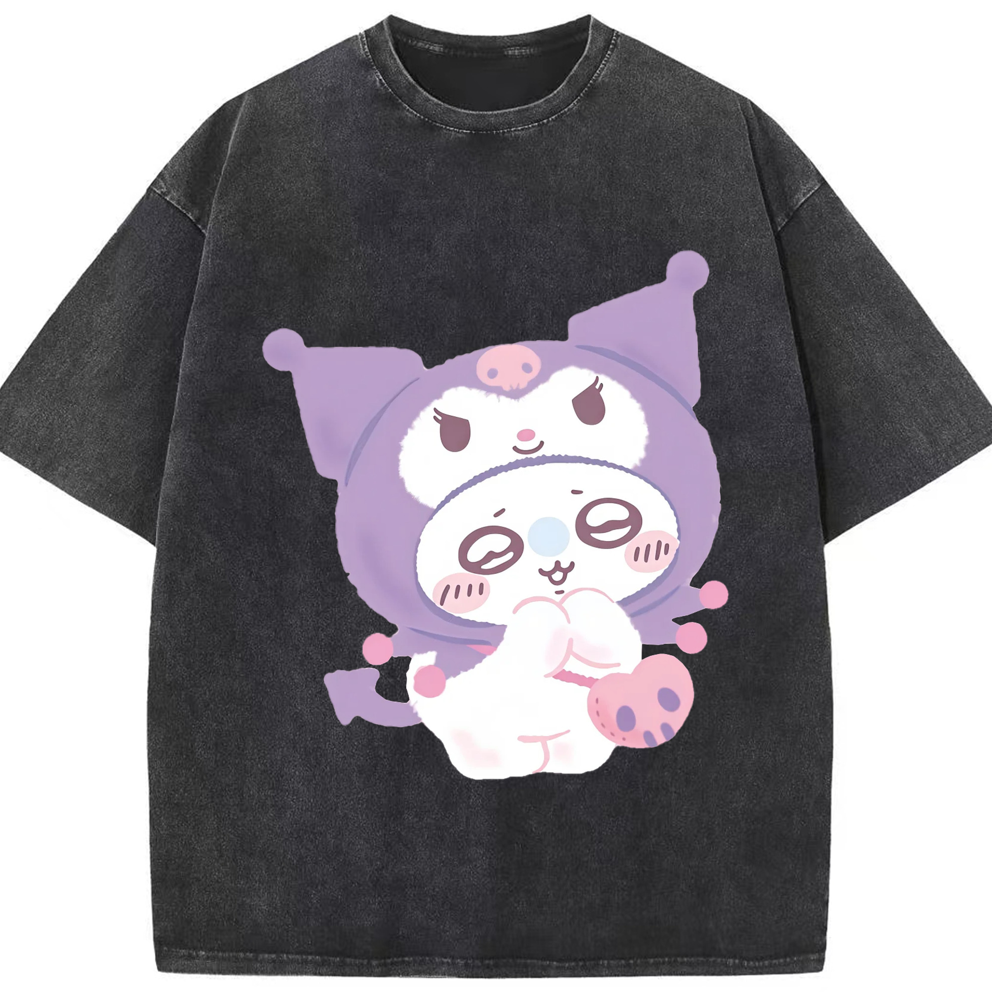 クロミ&ちいかわ - 綿100％ ヴィンテージ風 半袖Tシャツ ・ フロントプリント ・ 柔らか肌触り ・ 通気性 快適 ・ スポーツ カジュアル 外出用