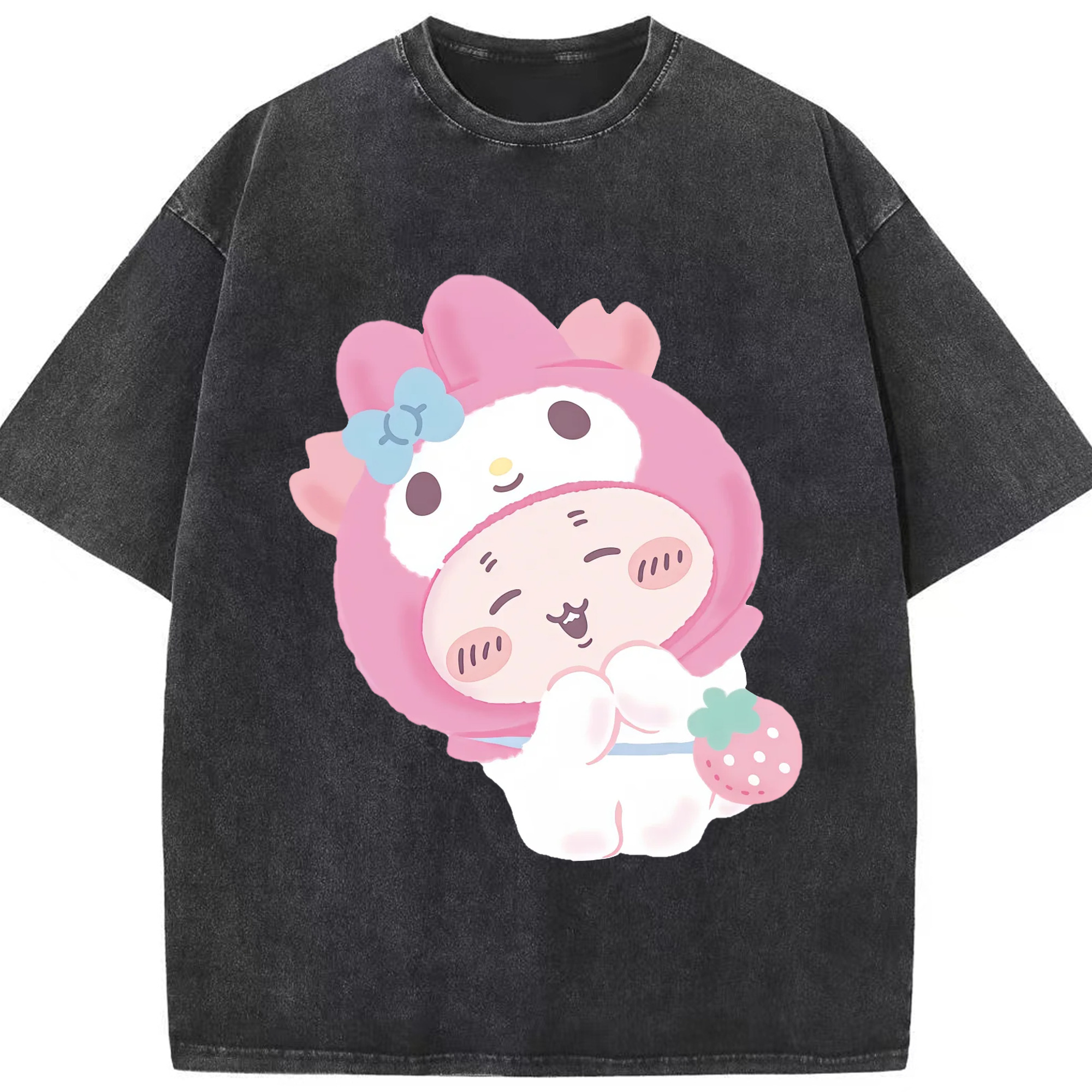 マイメロディ&ちいかわ - 綿100％ ヴィンテージ風 半袖Tシャツ ・ フロントプリント ・ 柔らか肌触り ・ 通気性 快適 ・ スポーツ カジュアル 外出用