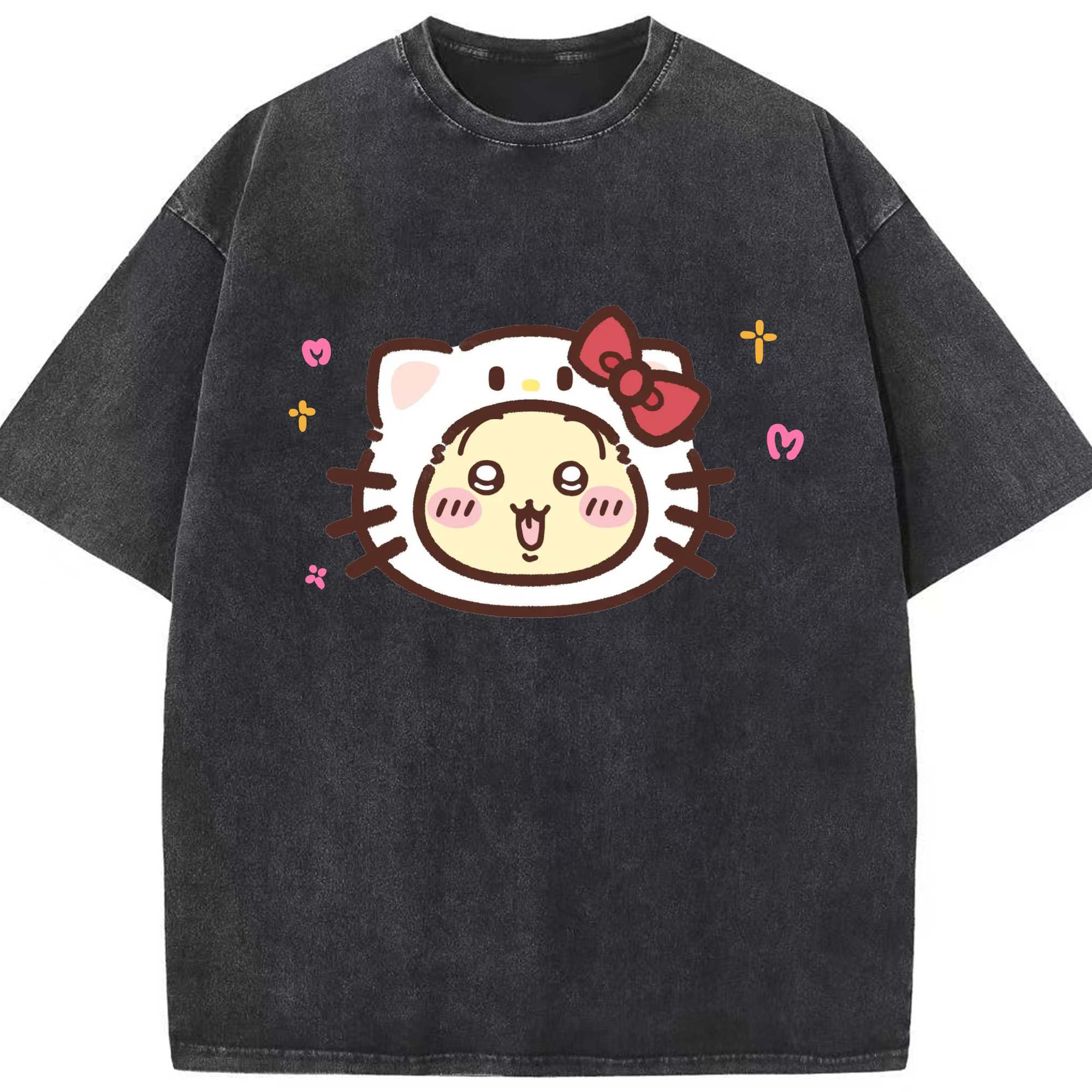 ハローキティ&ちいかわ - 綿100％ ヴィンテージ風 半袖Tシャツ ・ フロントプリント ・ 柔らか肌触り ・ 通気性 快適 ・ スポーツ カジュアル 外出用
