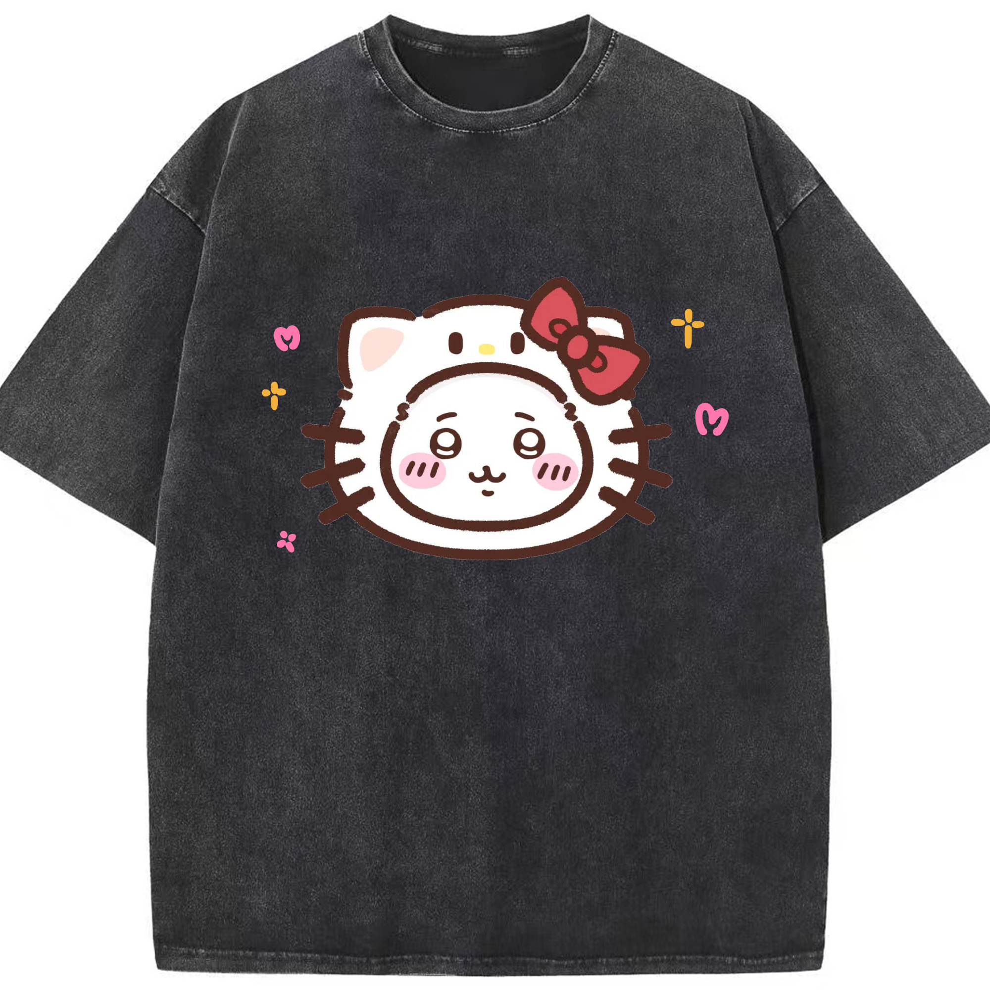 ハローキティ&ちいかわ - 綿100％ ヴィンテージ風 半袖Tシャツ ・ フロントプリント ・ 柔らか肌触り ・ 通気性 快適 ・ スポーツ カジュアル 外出用