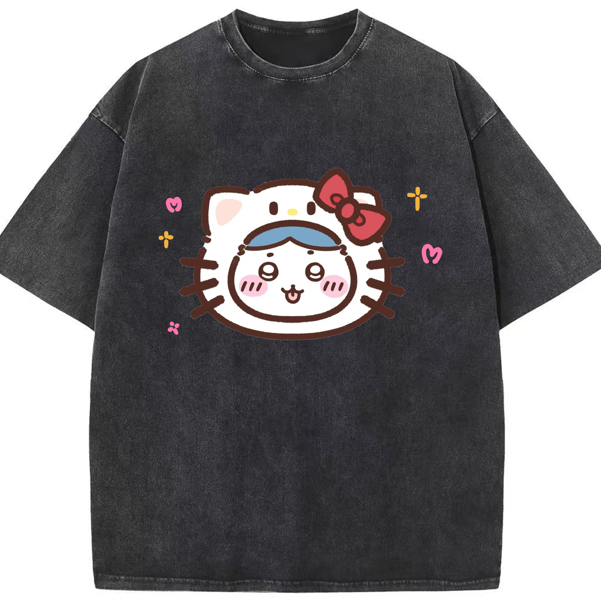 ハローキティ&ちいかわ - 綿100％ ヴィンテージ風 半袖Tシャツ ・ フロントプリント ・ 柔らか肌触り ・ 通気性 快適 ・ スポーツ カジュアル 外出用