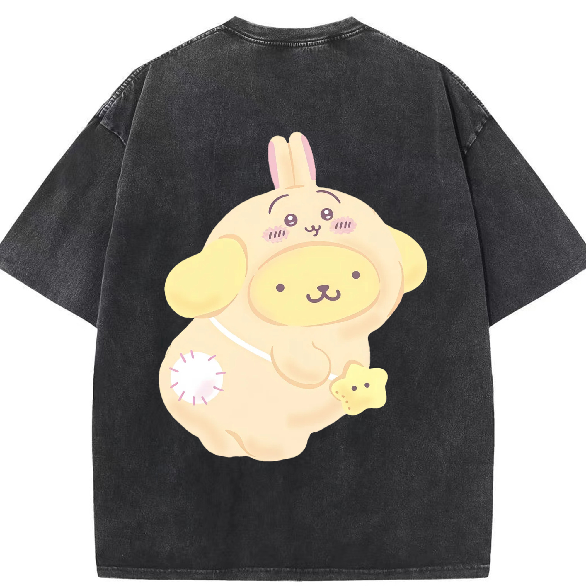 ポムポムプリン&ちいかわ - 綿100％ ヴィンテージ風 半袖Tシャツ ・ 背面プリント ・ 柔らか肌触り ・ 通気性 快適 ・ スポーツ カジュアル 外出用