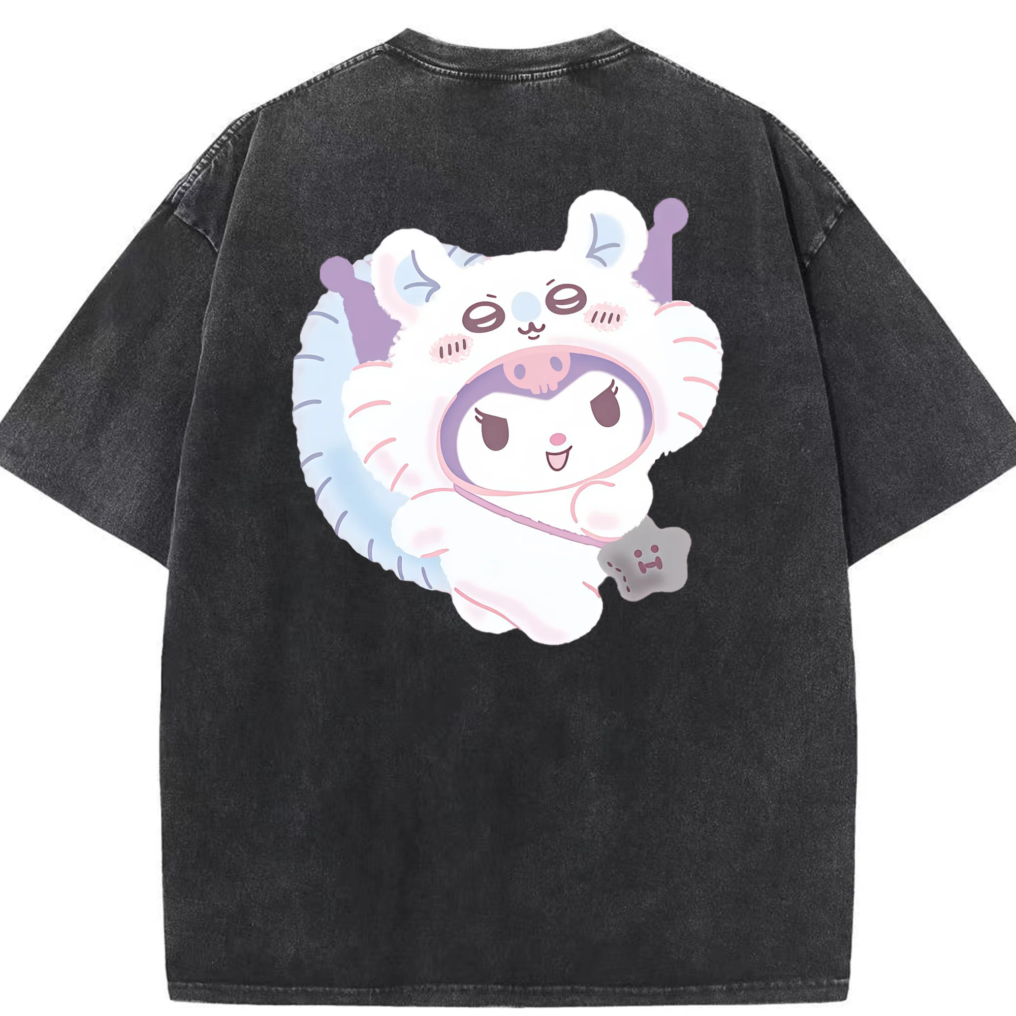 クロミ&ちいかわ - 綿100％ ヴィンテージ風 半袖Tシャツ ・ 背面プリント ・ 柔らか肌触り ・ 通気性 快適 ・ スポーツ カジュアル 外出用
