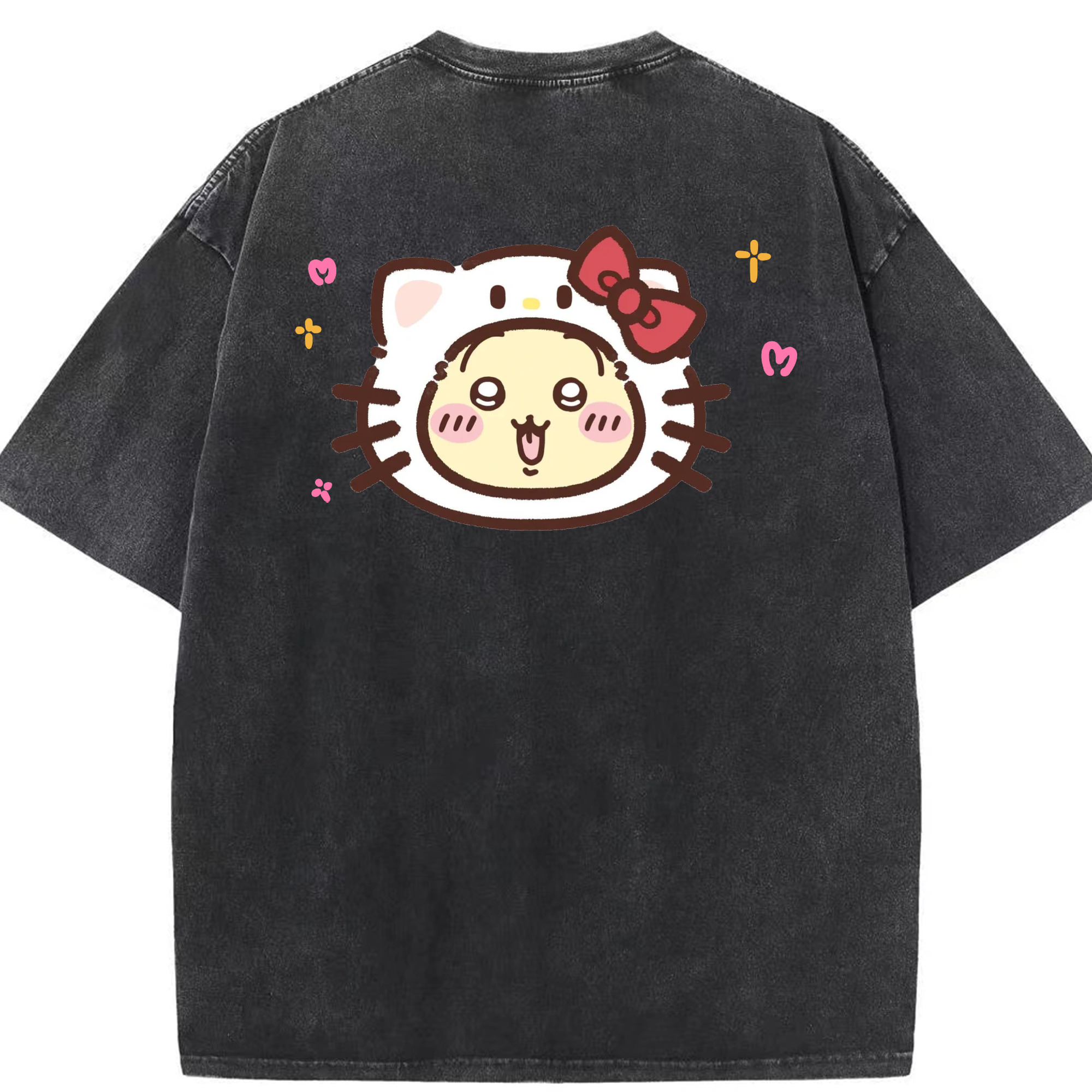 ハローキティ&ちいかわ - 綿100％ ヴィンテージ風 半袖Tシャツ ・ 背面プリント ・ 柔らか肌触り ・ 通気性 快適 ・ スポーツ カジュアル 外出用