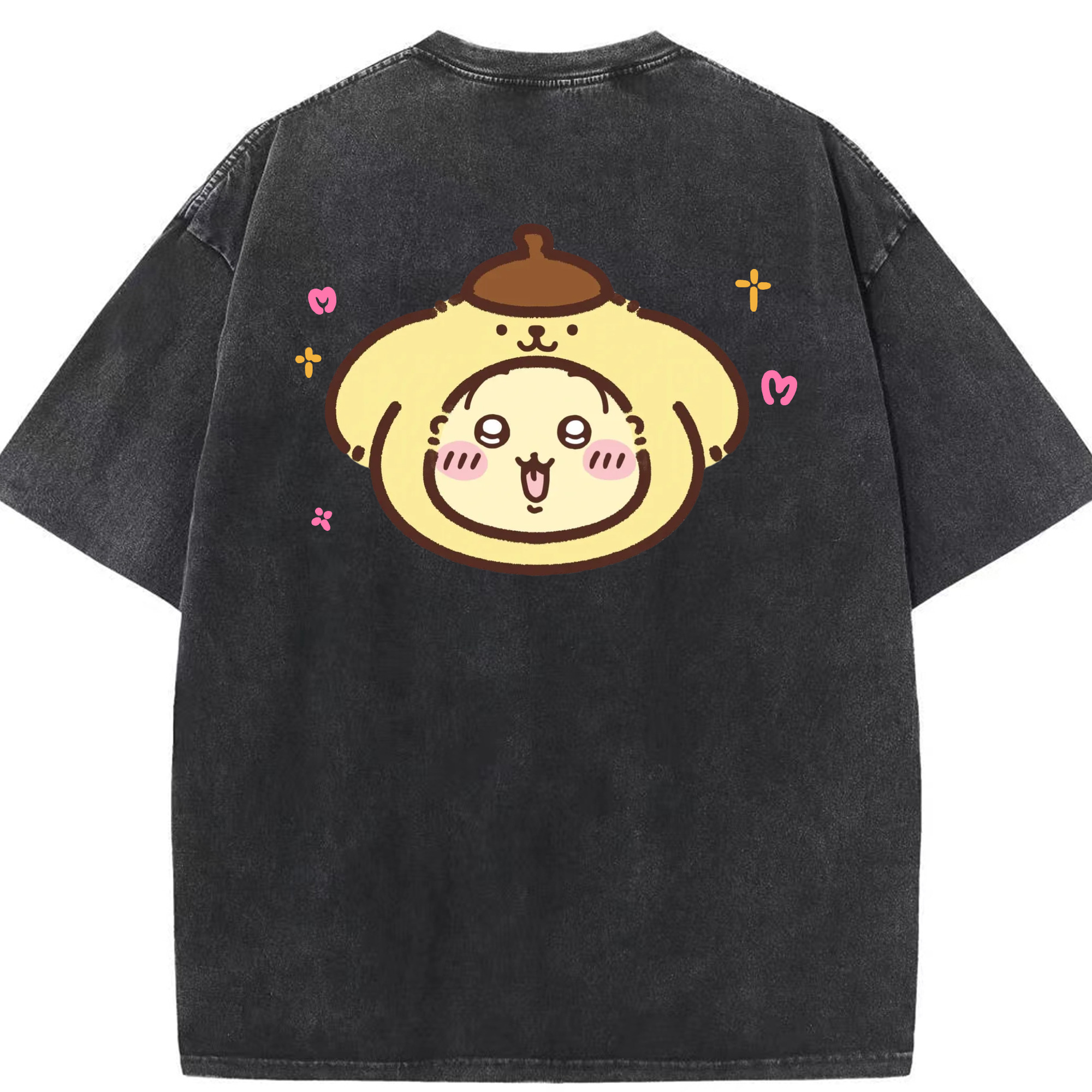ポムポムプリン&ちいかわ - 綿100％ ヴィンテージ風 半袖Tシャツ ・ 背面プリント ・ 柔らか肌触り ・ 通気性 快適 ・ スポーツ カジュアル 外出用