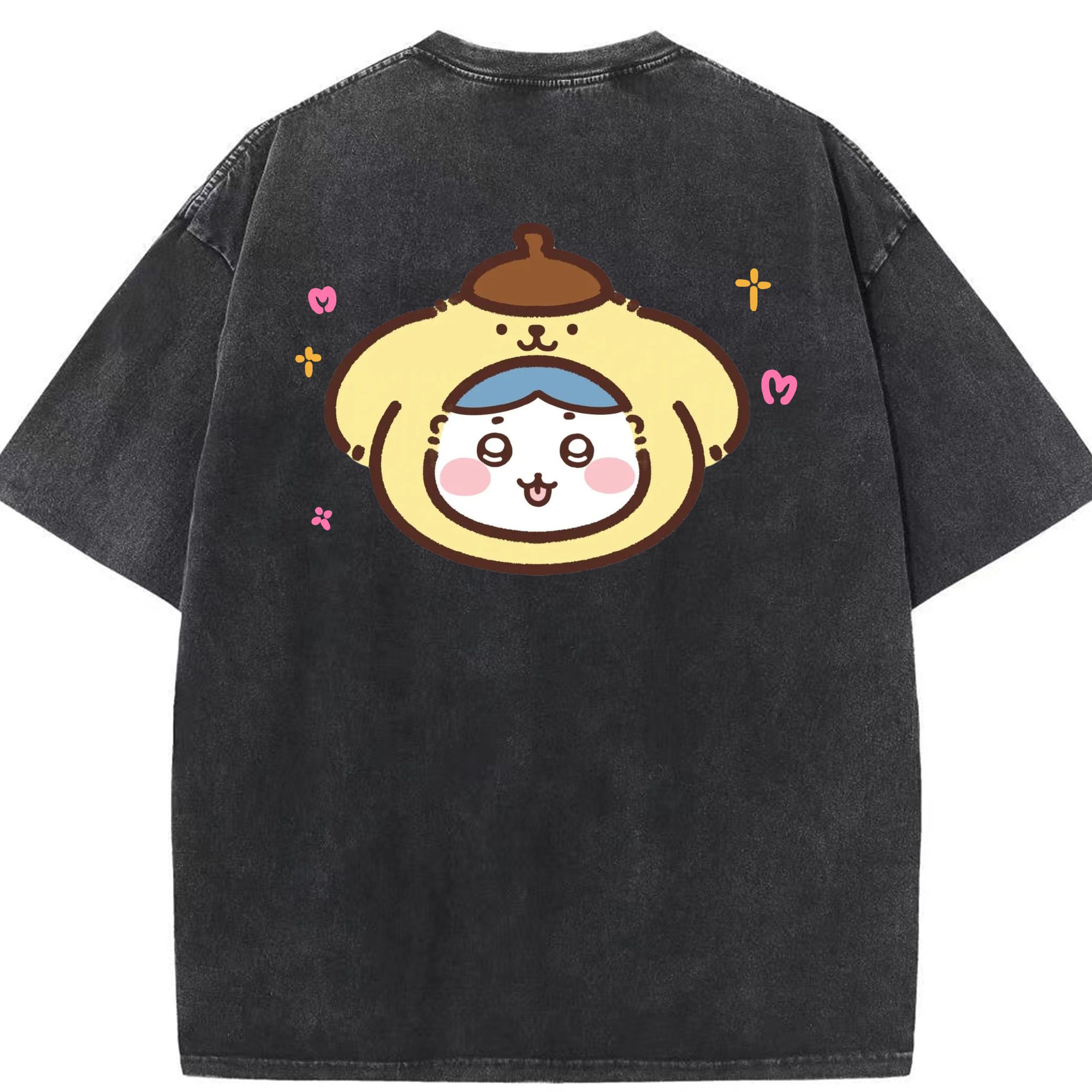 ポムポムプリン&ちいかわ - 綿100％ ヴィンテージ風 半袖Tシャツ ・ 背面プリント ・ 柔らか肌触り ・ 通気性 快適 ・ スポーツ カジュアル 外出用