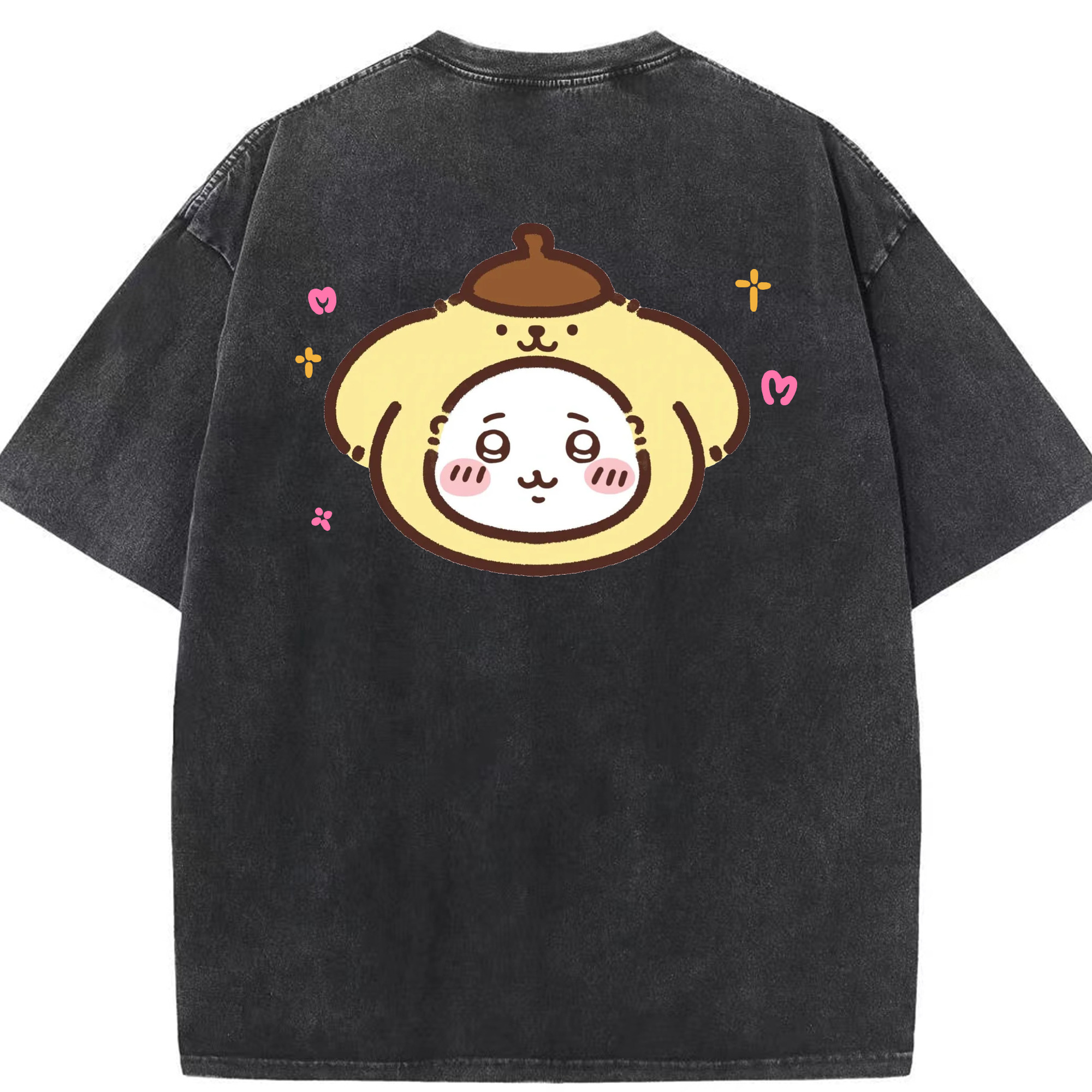 ポムポムプリン&ちいかわ - 綿100％ ヴィンテージ風 半袖Tシャツ ・ 背面プリント ・ 柔らか肌触り ・ 通気性 快適 ・ スポーツ カジュアル 外出用
