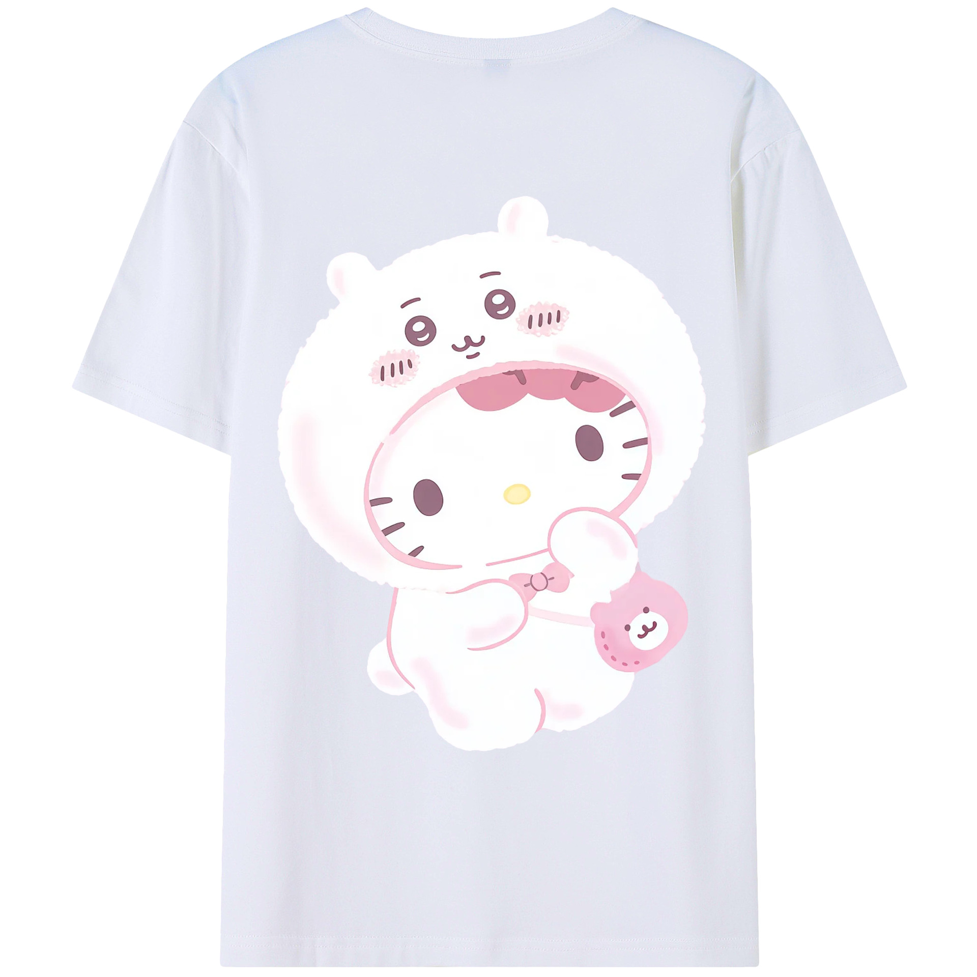 ハローキティ&ちいかわ - レディース半袖Tシャツ ・ 綿100％ ・ バックプリント ・ 強化クルーネック ・ 二重折り袖口 ・ 快適 通気性 ・ フィットネス カジュアル 旅行用