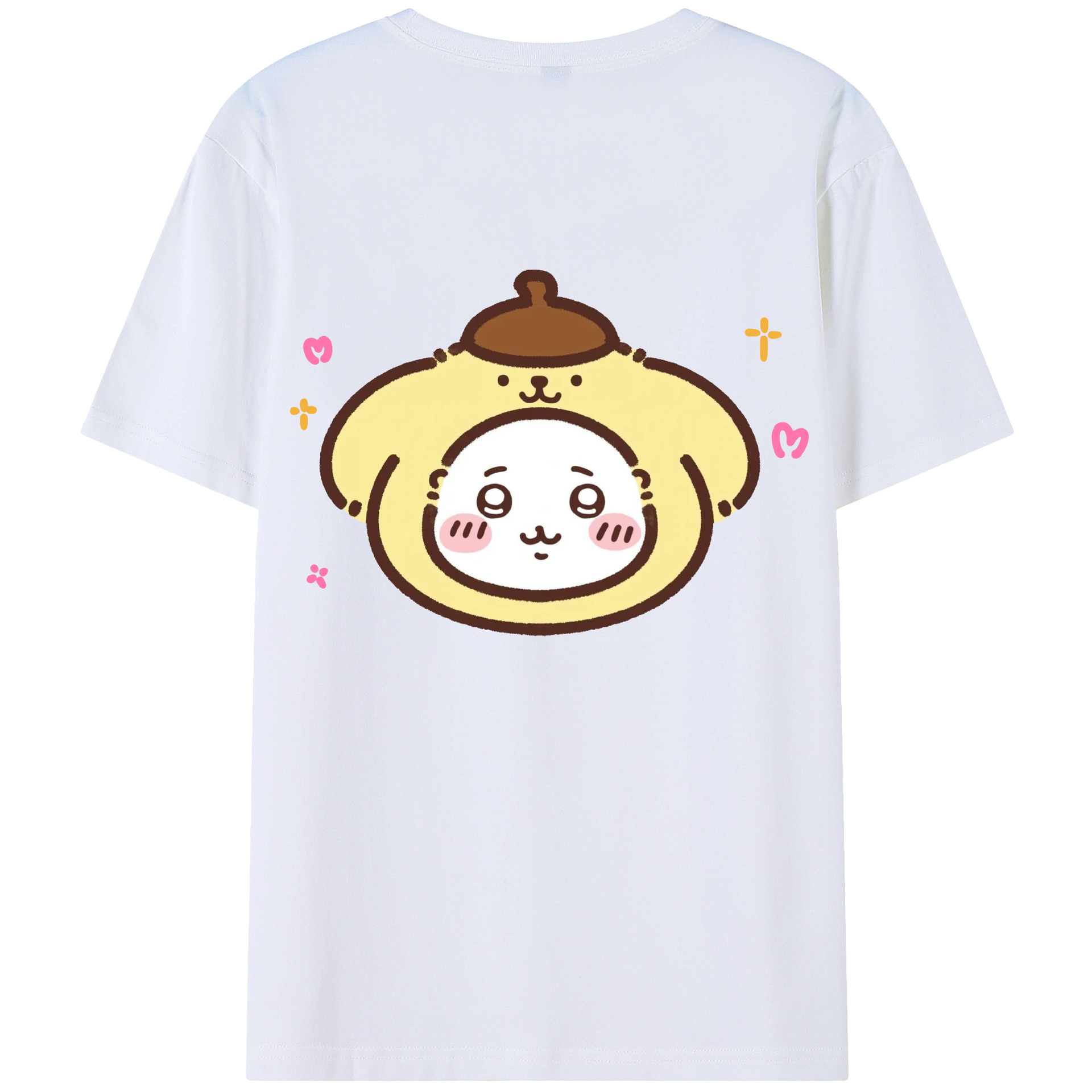 ポムポムプリン&ちいかわ - レディース半袖Tシャツ ・ 綿100％ ・ バックプリント ・ 強化クルーネック ・ 二重折り袖口 ・ 快適 通気性 ・ フィットネス カジュアル 旅行用