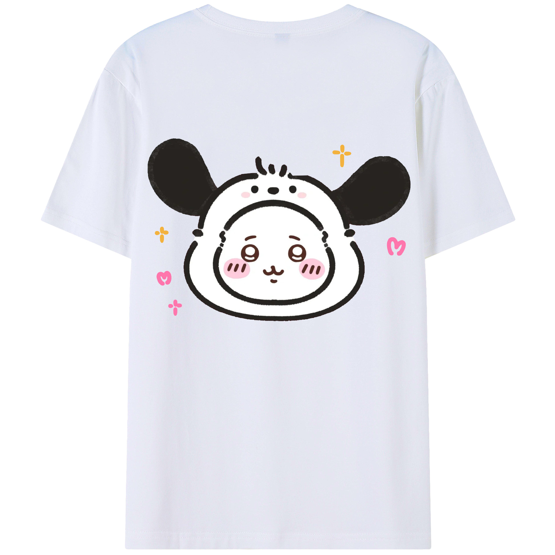 ポチャッコ&ちいかわ - レディース半袖Tシャツ ・ 綿100％ ・ バックプリント ・ 強化クルーネック ・ 二重折り袖口 ・ 快適 通気性 ・ フィットネス カジュアル 旅行用
