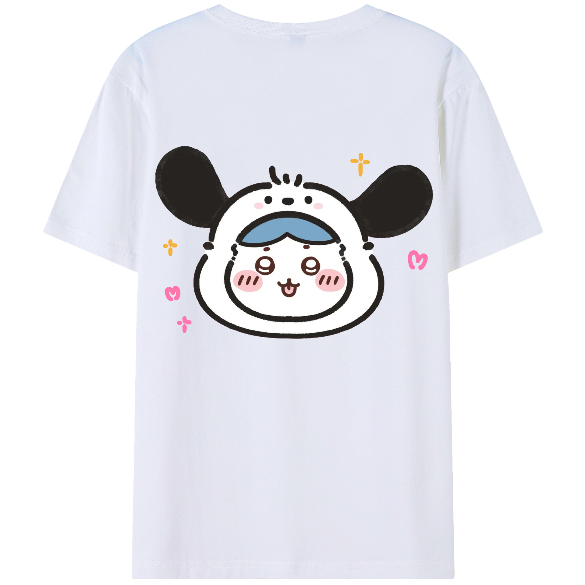 ポチャッコ&ちいかわ - レディース半袖Tシャツ ・ 綿100％ ・ バックプリント ・ 強化クルーネック ・ 二重折り袖口 ・ 快適 通気性 ・ フィットネス カジュアル 旅行用