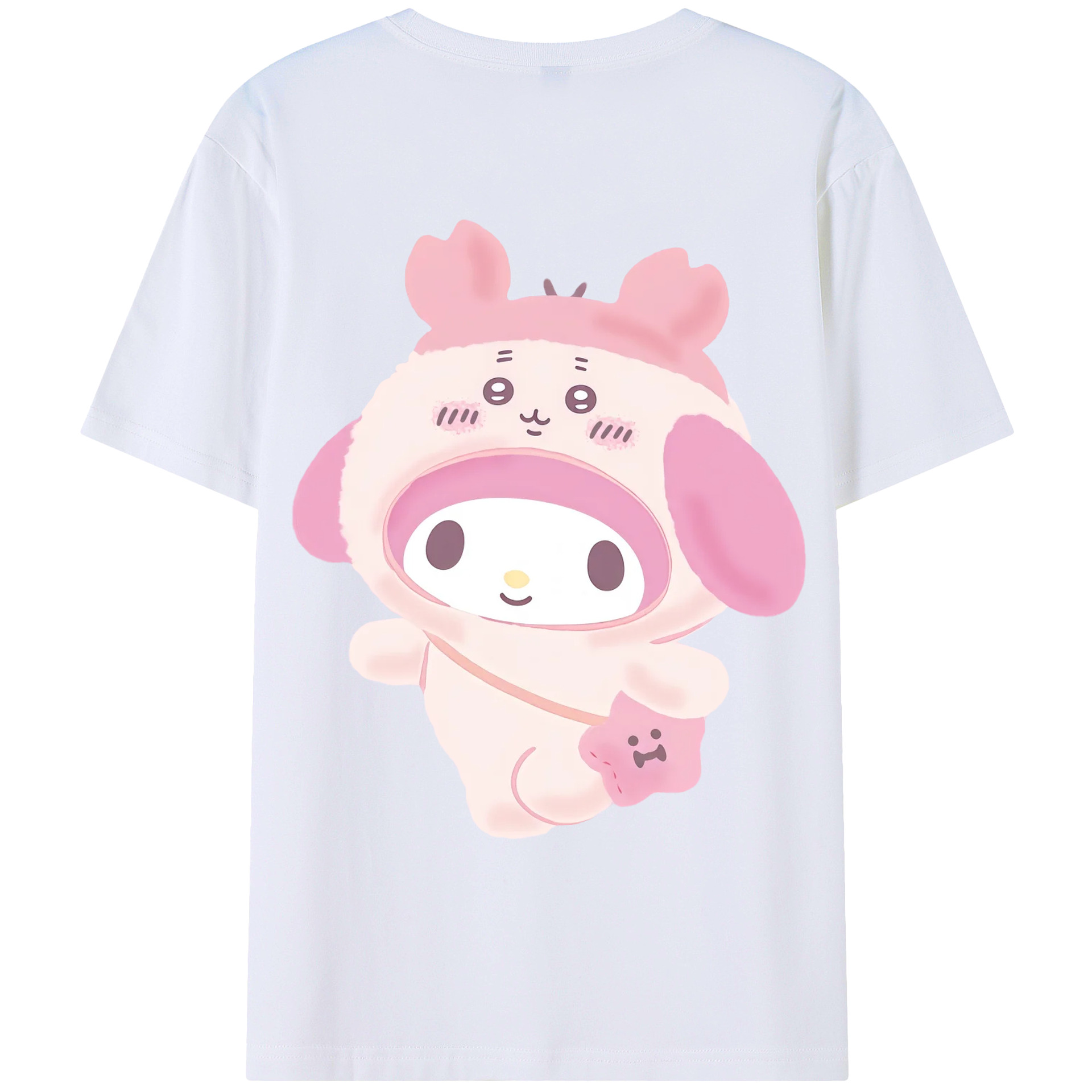 マイメロディ&ちいかわ - レディース半袖Tシャツ ・ 綿100％ ・ バックプリント ・ 強化クルーネック ・ 二重折り袖口 ・ 快適 通気性 ・ フィットネス カジュアル 旅行用