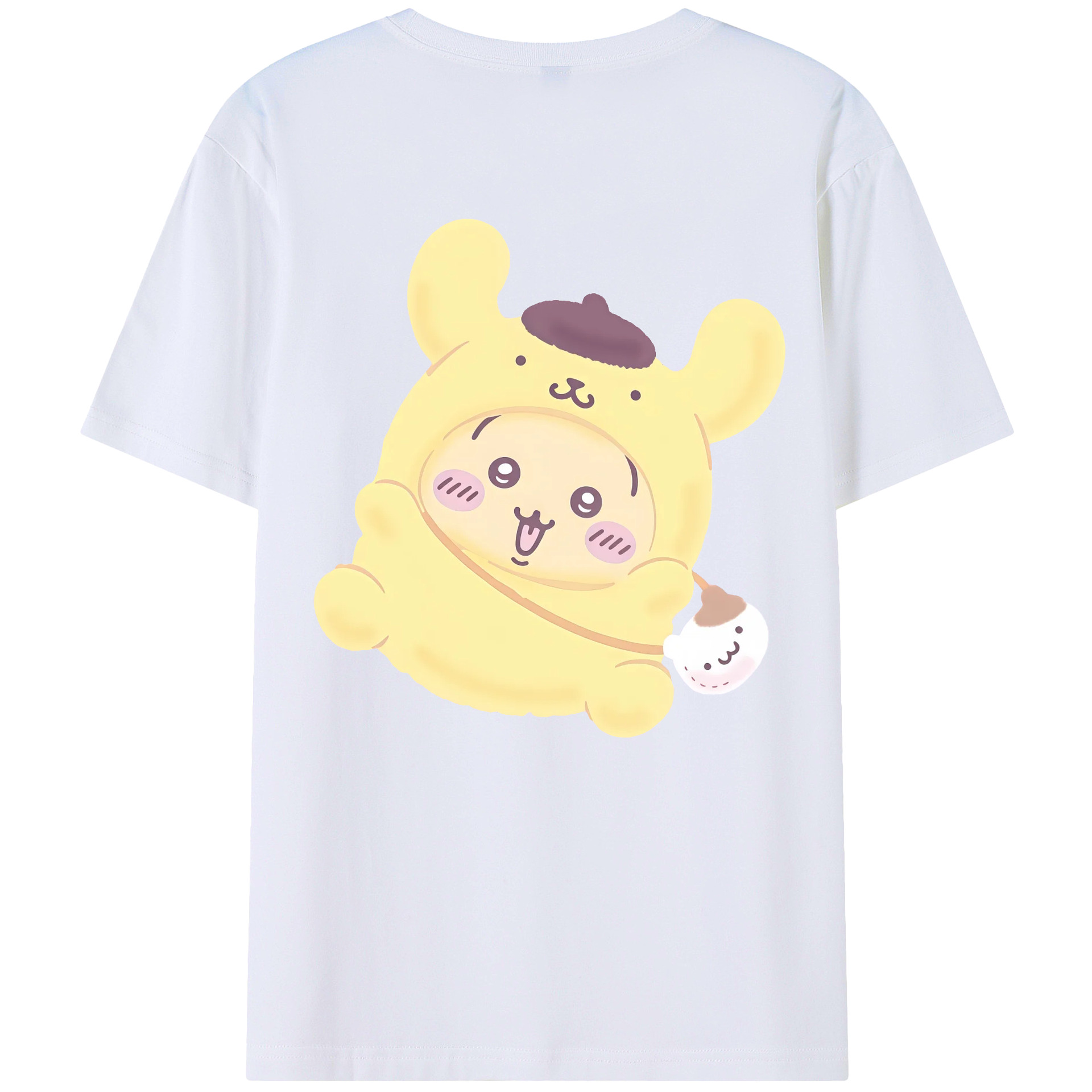 ポムポムプリン&ちいかわ - レディース半袖Tシャツ ・ 綿100％ ・ バックプリント ・ 強化クルーネック ・ 二重折り袖口 ・ 快適 通気性 ・ フィットネス カジュアル 旅行用