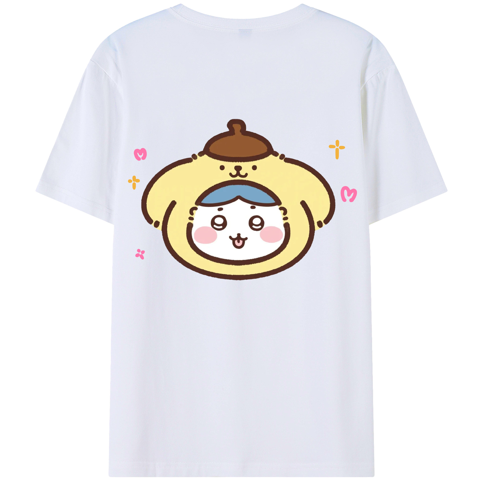 ポムポムプリン&ちいかわ - レディース半袖Tシャツ ・ 綿100％ ・ バックプリント ・ 強化クルーネック ・ 二重折り袖口 ・ 快適 通気性 ・ フィットネス カジュアル 旅行用