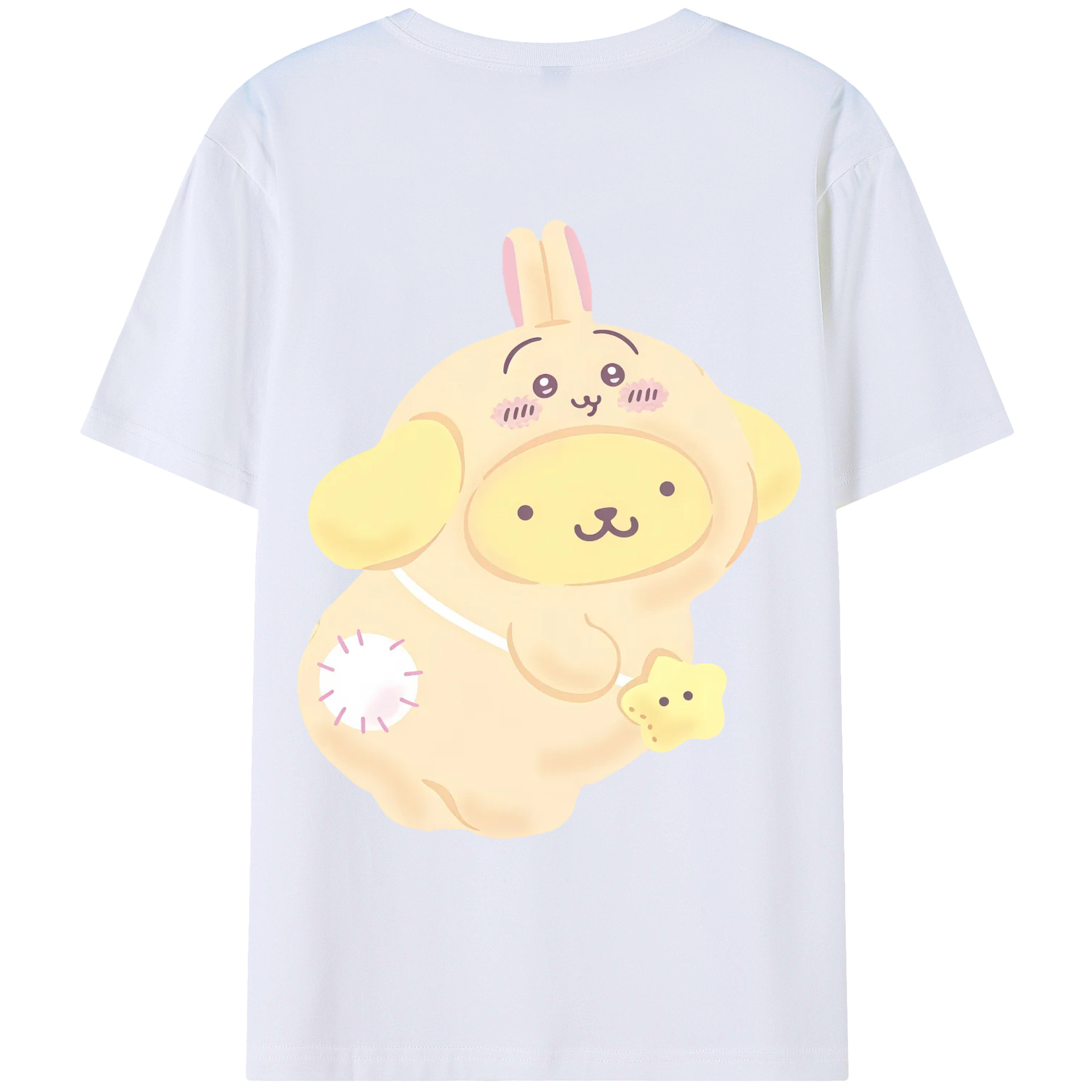 ポムポムプリン&ちいかわ - レディース半袖Tシャツ ・ 綿100％ ・ バックプリント ・ 強化クルーネック ・ 二重折り袖口 ・ 快適 通気性 ・ フィットネス カジュアル 旅行用
