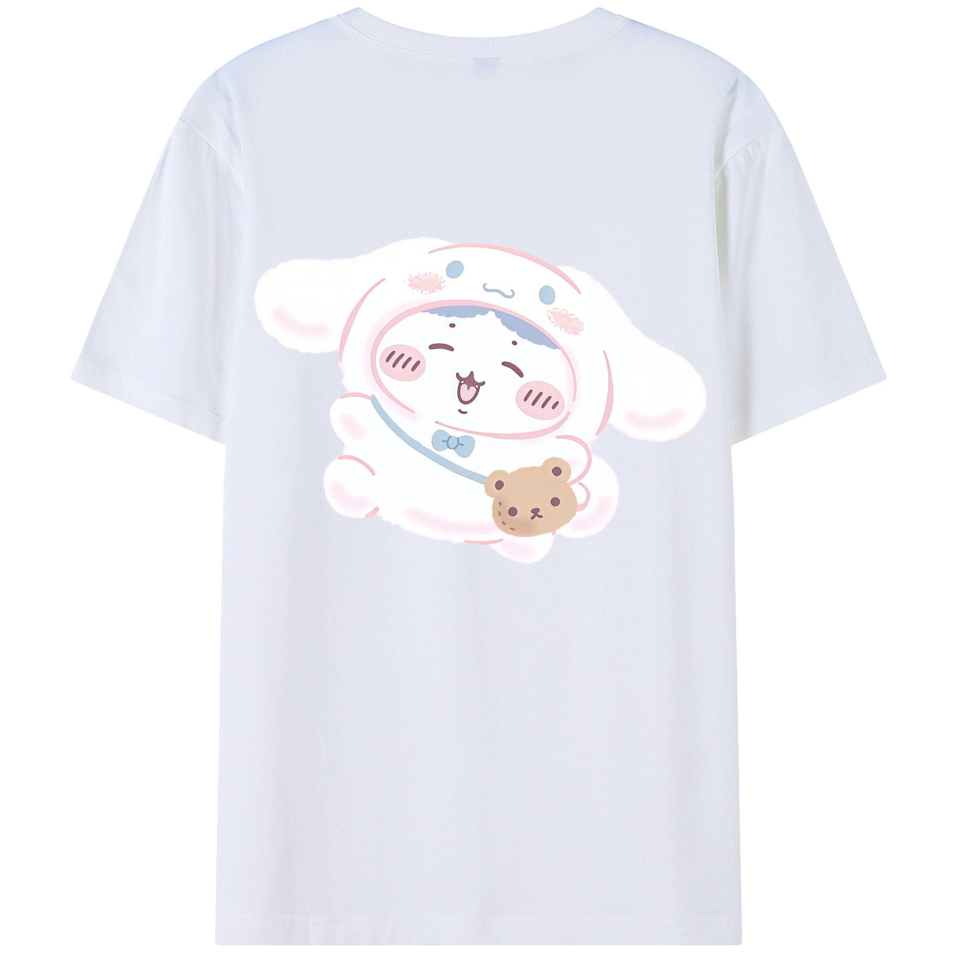 シナモロール&ちいかわ - レディース半袖Tシャツ ・ 綿100％ ・ バックプリント ・ 強化クルーネック ・ 二重折り袖口 ・ 快適 通気性 ・ フィットネス カジュアル 旅行用