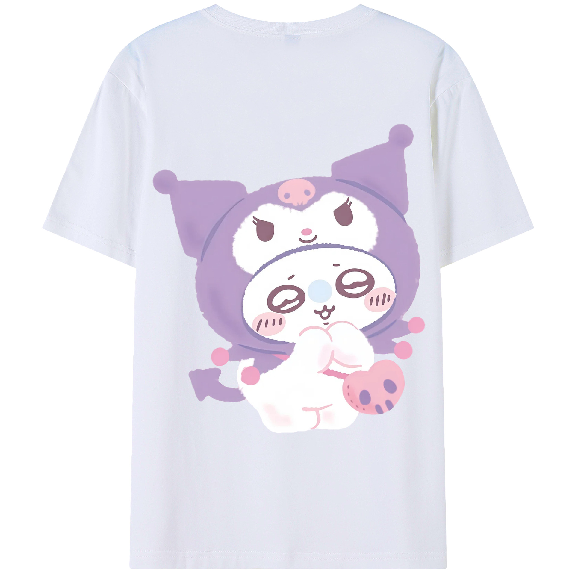 クロミ&ちいかわ - レディース半袖Tシャツ ・ 綿100％ ・ バックプリント ・ 強化クルーネック ・ 二重折り袖口 ・ 快適 通気性 ・ フィットネス カジュアル 旅行用