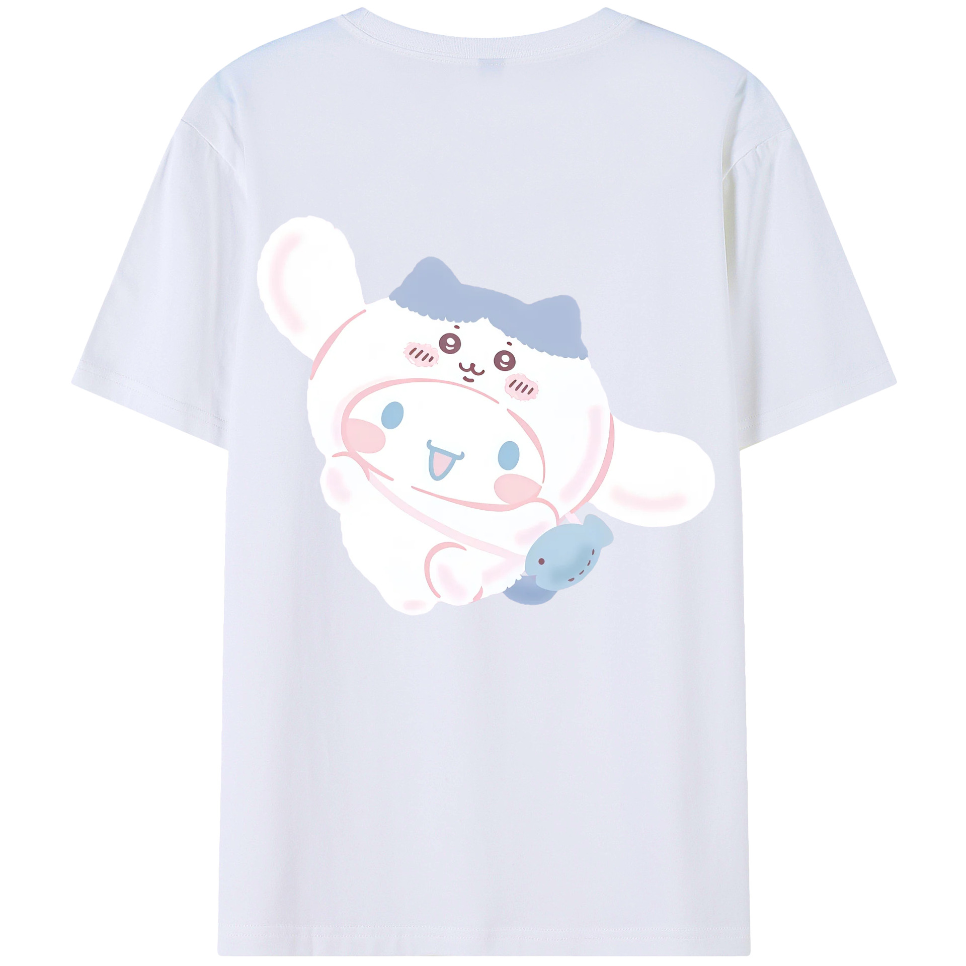 シナモロール&ちいかわ - レディース半袖Tシャツ ・ 綿100％ ・ バックプリント ・ 強化クルーネック ・ 二重折り袖口 ・ 快適 通気性 ・ フィットネス カジュアル 旅行用
