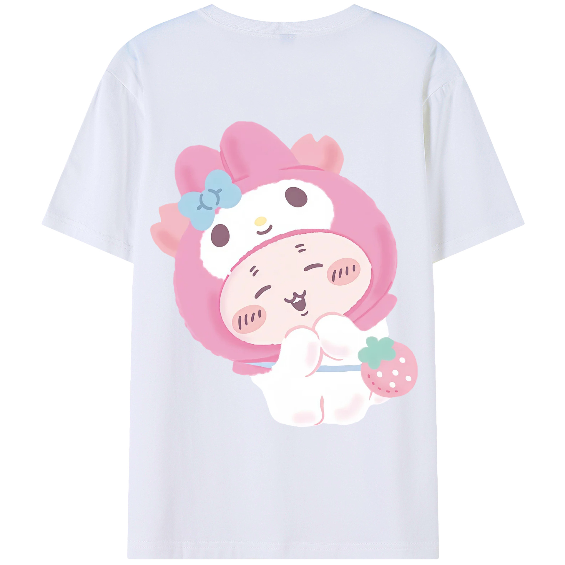 マイメロディ&ちいかわ - レディース半袖Tシャツ ・ 綿100％ ・ バックプリント ・ 強化クルーネック ・ 二重折り袖口 ・ 快適 通気性 ・ フィットネス カジュアル 旅行用